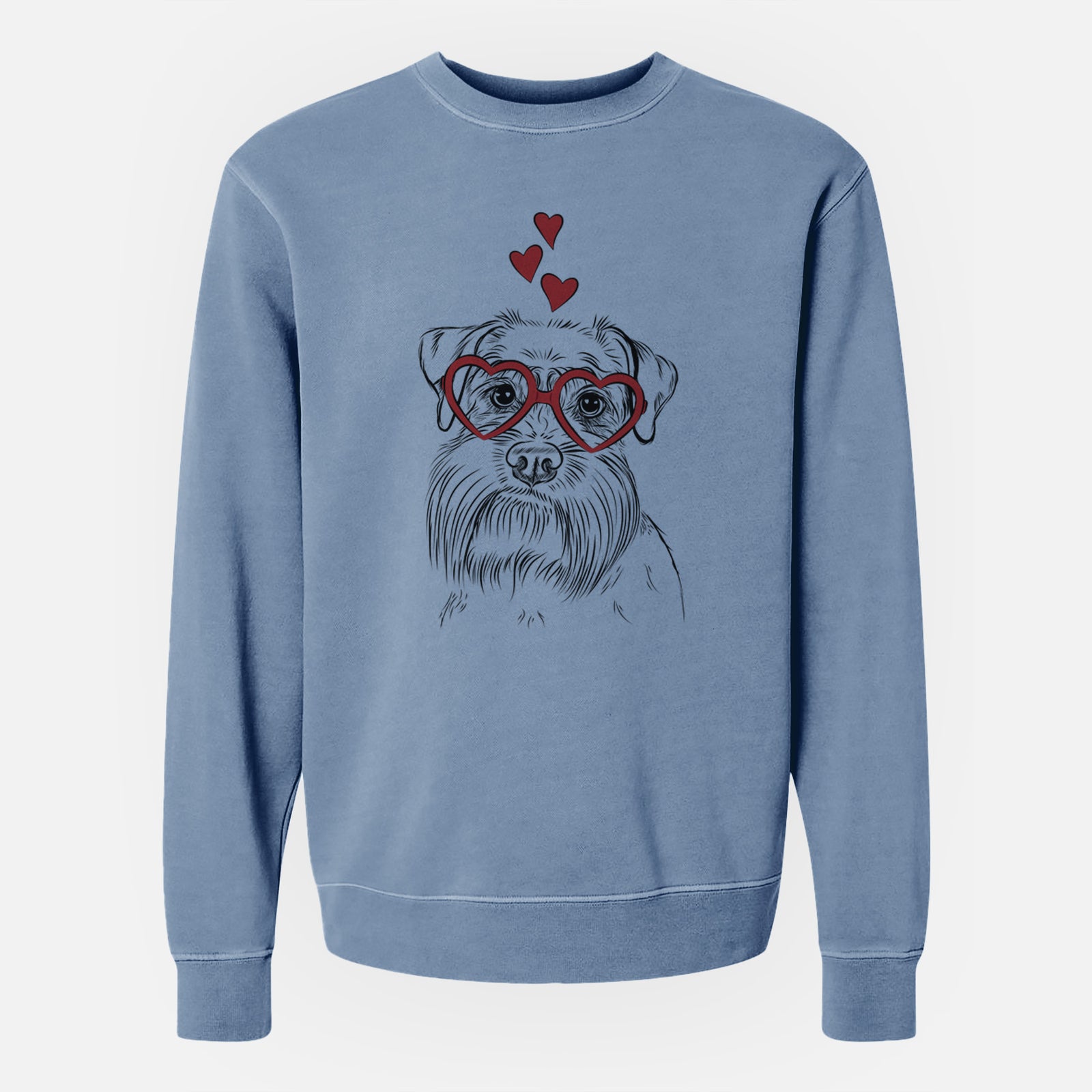 Hand-drawn sketch of Wrigley the Schnauzer wearing heart-shaped glasses on a Slate Blue Unisex pigment dyed crew sweatshirt