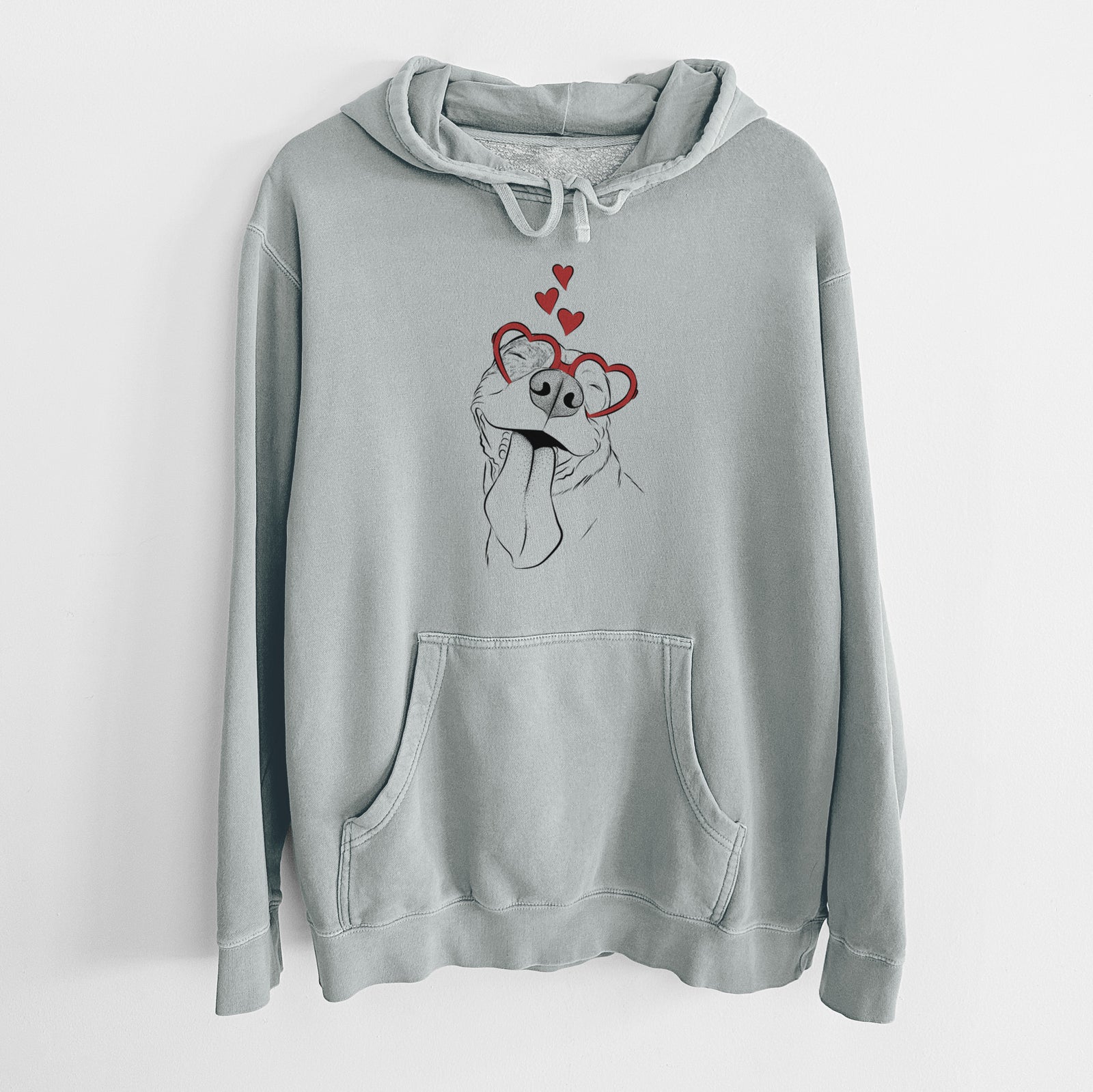 Hand-drawn sketch of Xena the American Staffordshire Terrier wearing heart-shaped glasses on a Sage Unisex pigment dyed hoodie