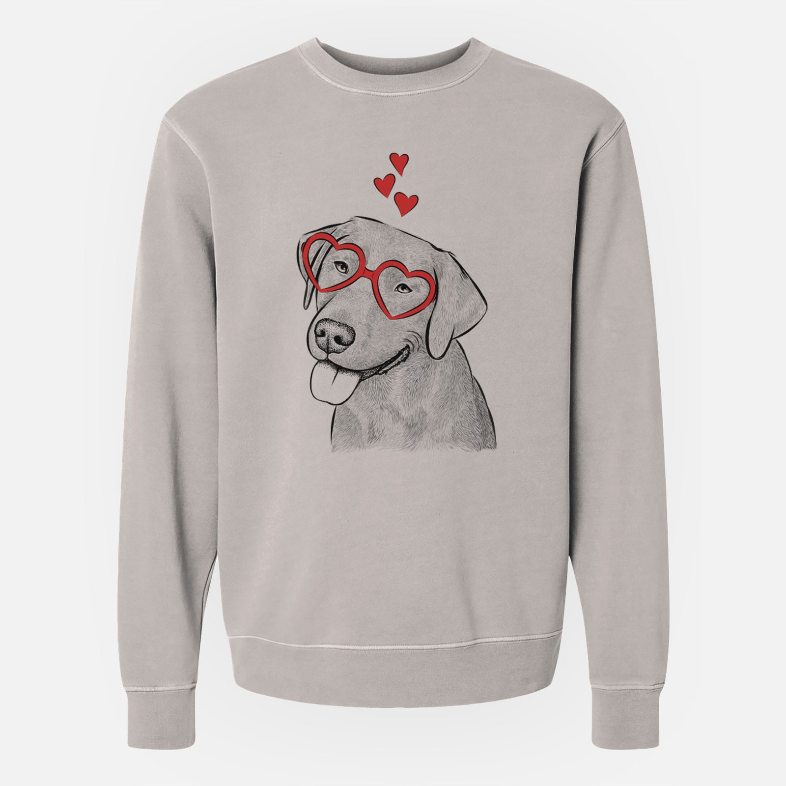 Hand-drawn sketch of Zeppelin the Black Labrador wearing heart-shaped glasses on a Cement Unisex pigment dyed crew sweatshirt