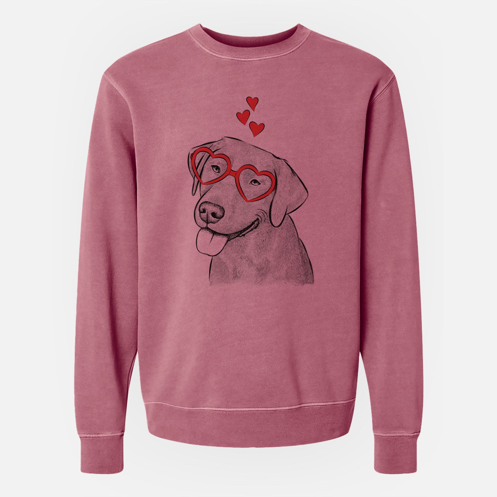 Hand-drawn sketch of Zeppelin the Black Labrador wearing heart-shaped glasses on a Maroon Unisex pigment dyed crew sweatshirt