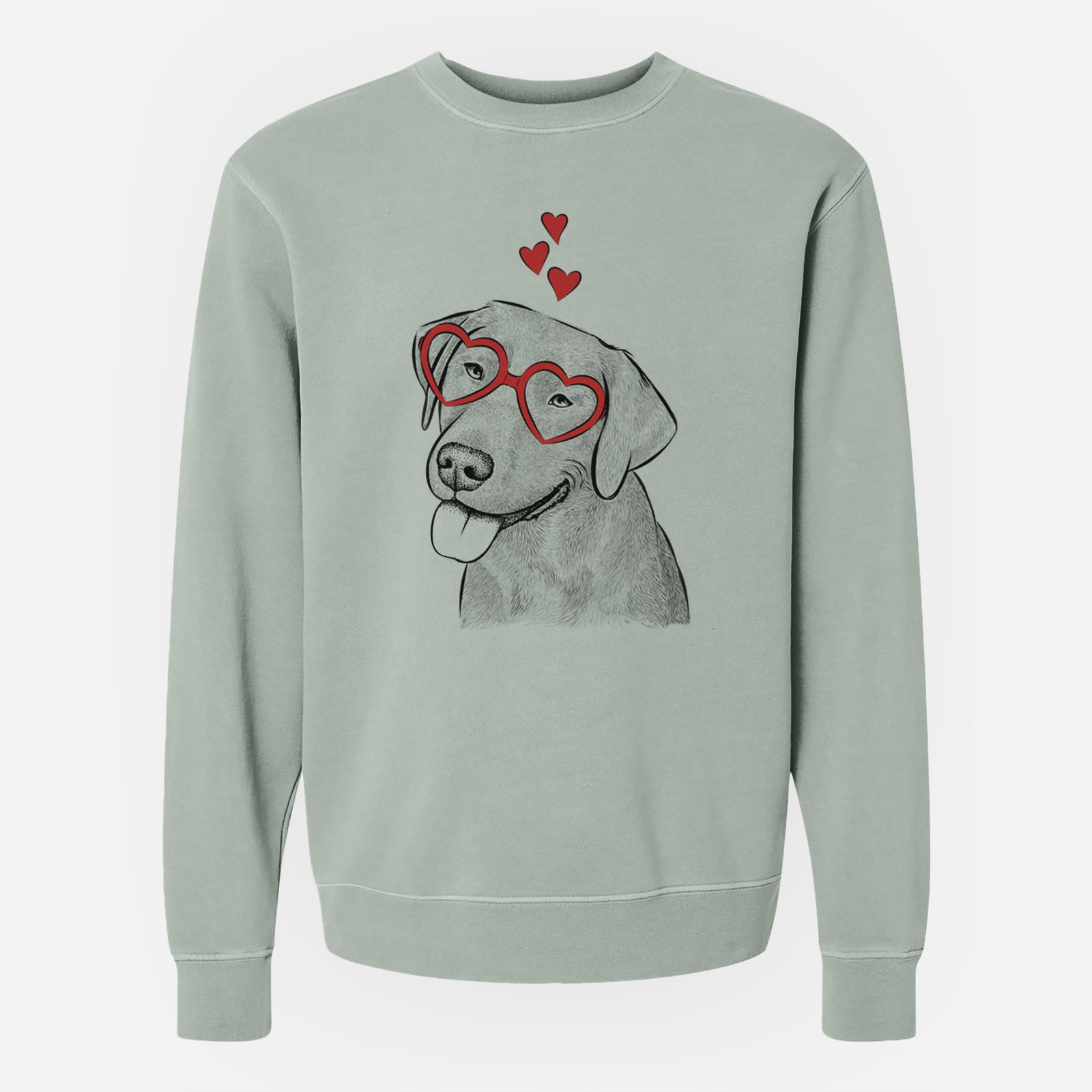 Hand-drawn sketch of Zeppelin the Black Labrador wearing heart-shaped glasses on a Sage Unisex pigment dyed crew sweatshirt