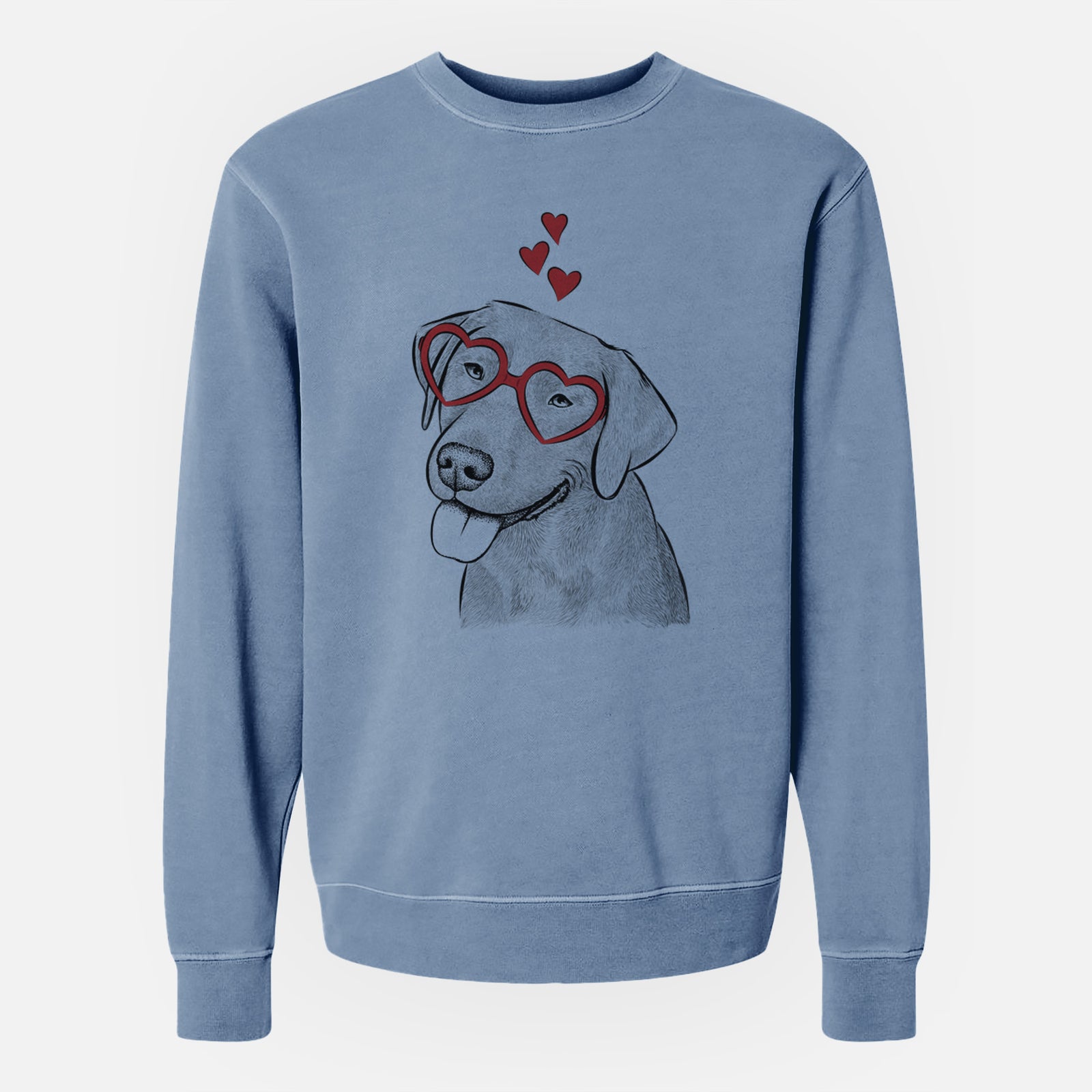 Hand-drawn sketch of Zeppelin the Black Labrador wearing heart-shaped glasses on a Slate Blue Unisex pigment dyed crew sweatshirt