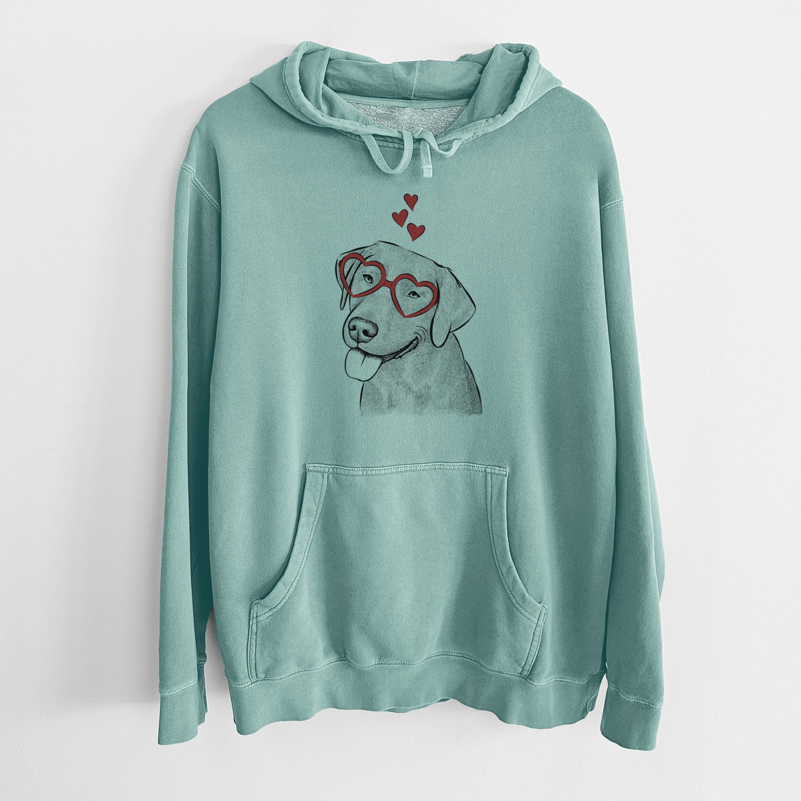 Hand-drawn sketch of Zeppelin the Black Labrador wearing heart-shaped glasses on a Mint Unisex pigment dyed hoodie