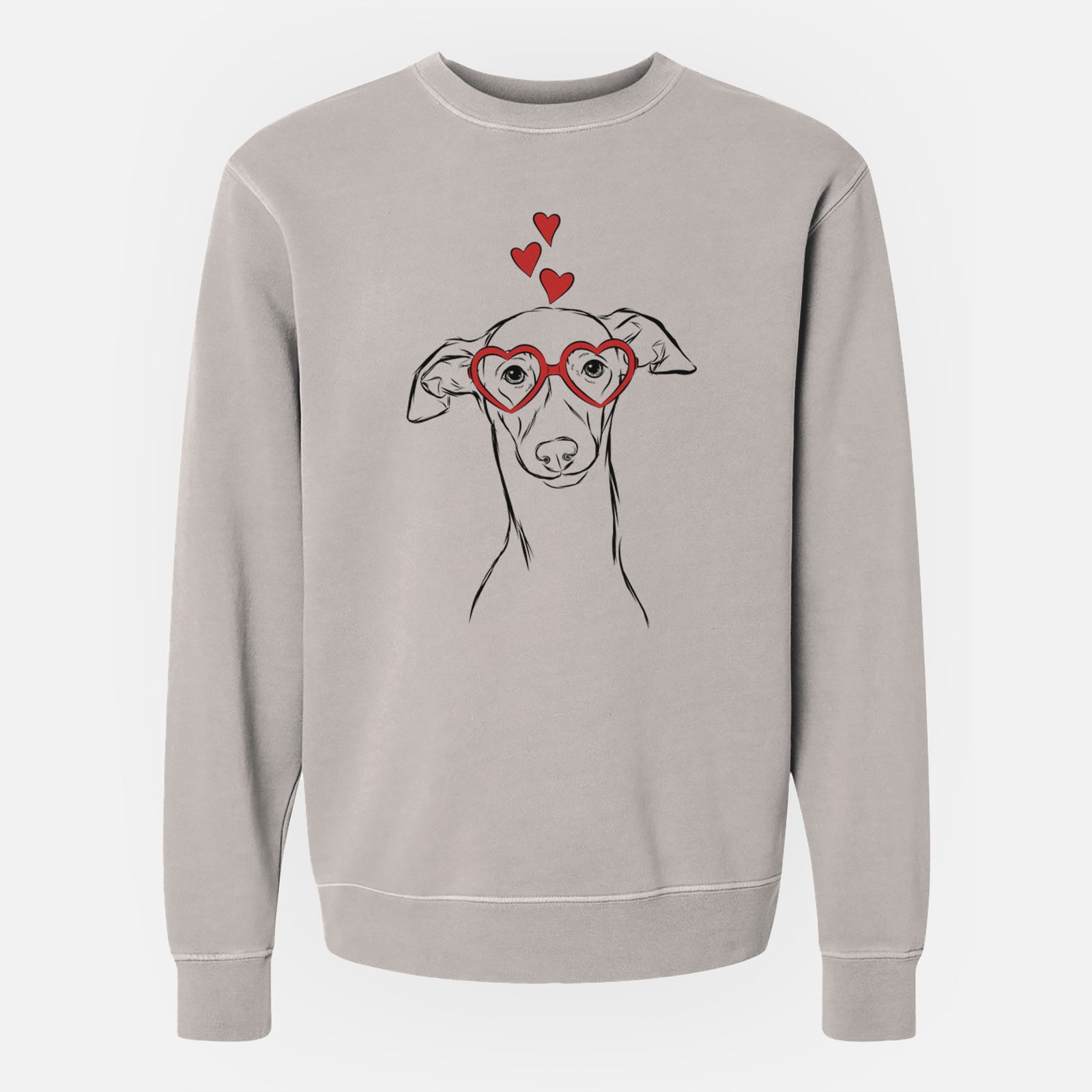 Hand-drawn sketch of Ziggie the Italian Greyhound wearing heart-shaped glasses on a Cement Unisex pigment dyed crew sweatshirt