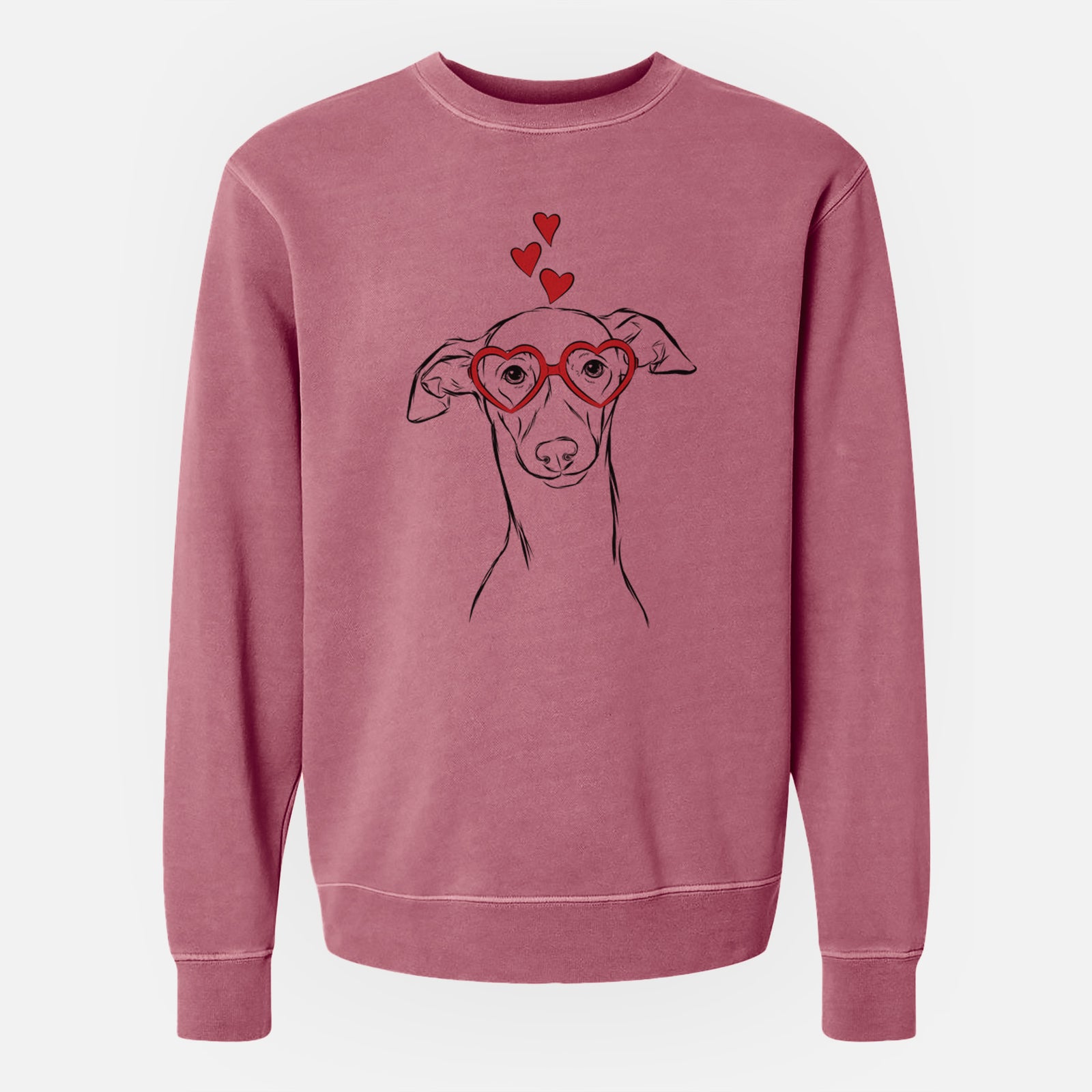 Hand-drawn sketch of Ziggie the Italian Greyhound wearing heart-shaped glasses on a Maroon Unisex pigment dyed crew sweatshirt