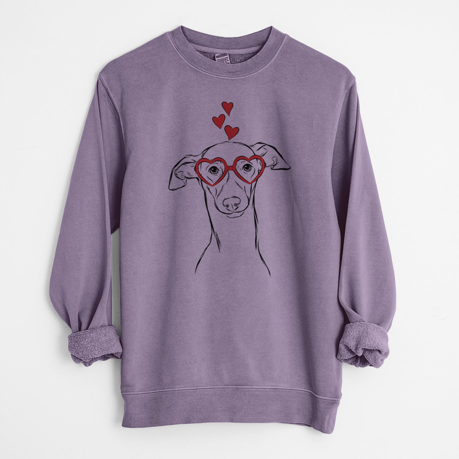 Hand-drawn sketch of Ziggie the Italian Greyhound wearing heart-shaped glasses on a Plum Unisex pigment dyed crew sweatshirt