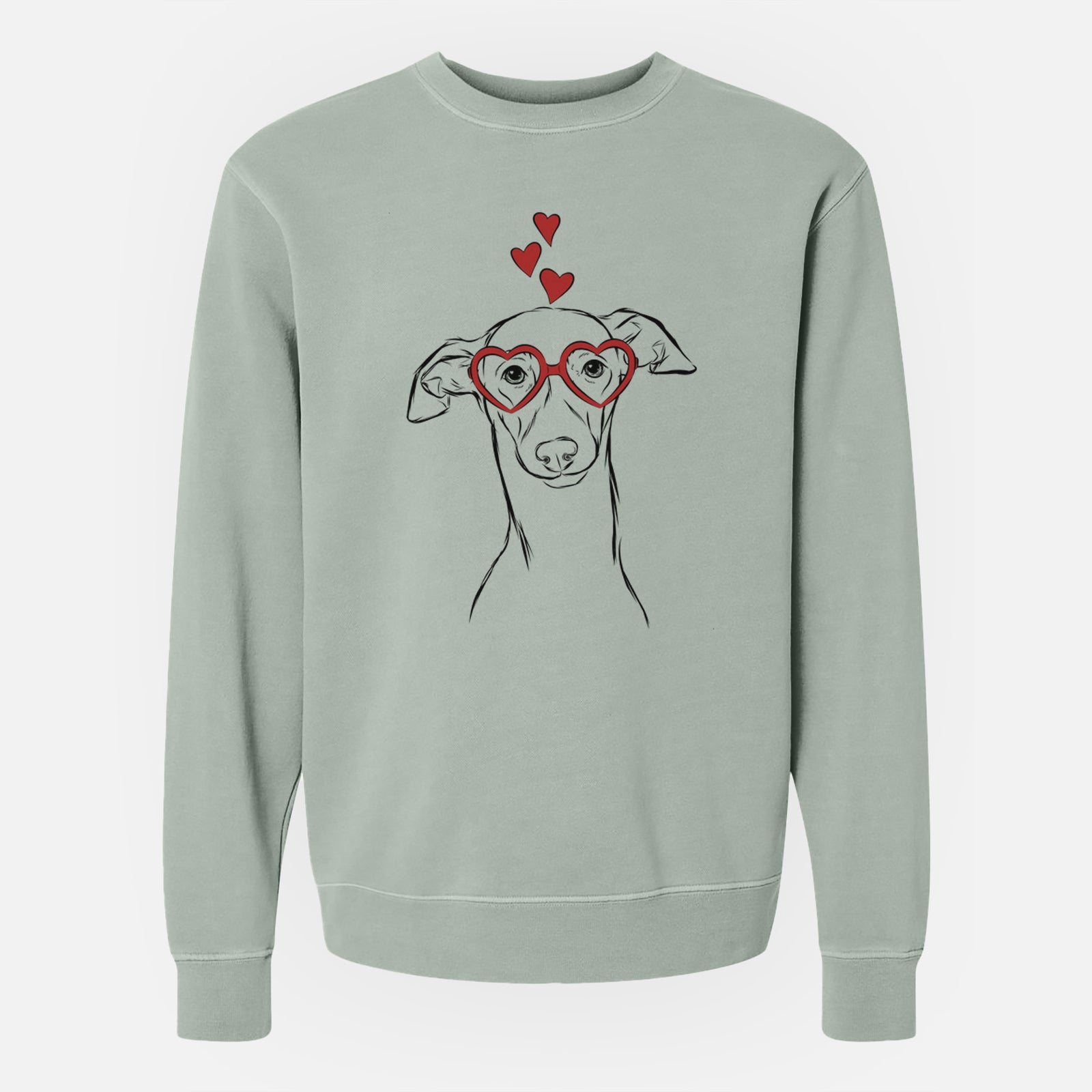 Hand-drawn sketch of Ziggie the Italian Greyhound wearing heart-shaped glasses on a Sage Unisex pigment dyed crew sweatshirt