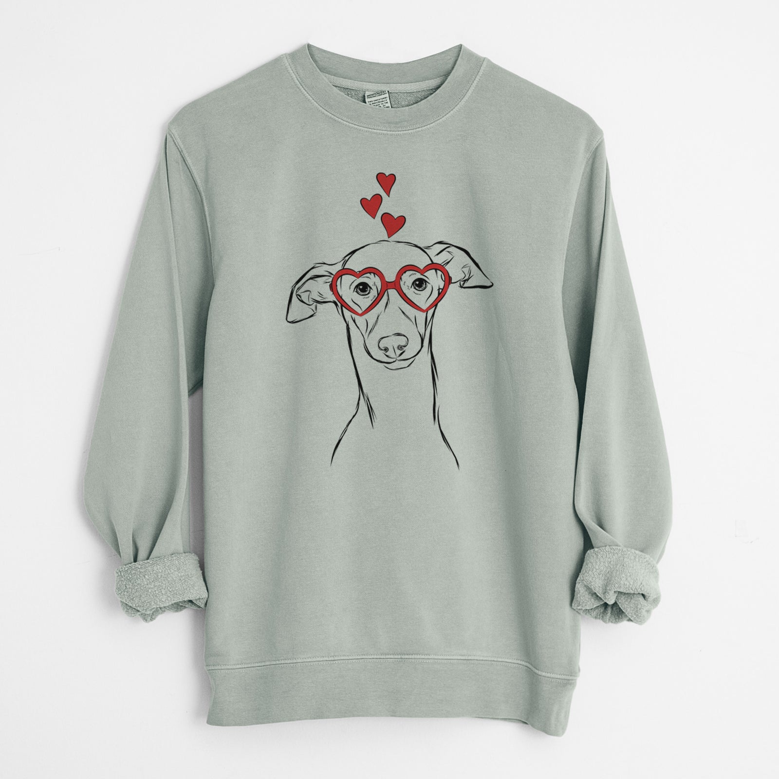 Hand-drawn sketch of Ziggie the Italian Greyhound wearing heart-shaped glasses on a Sage Unisex pigment dyed crew sweatshirt