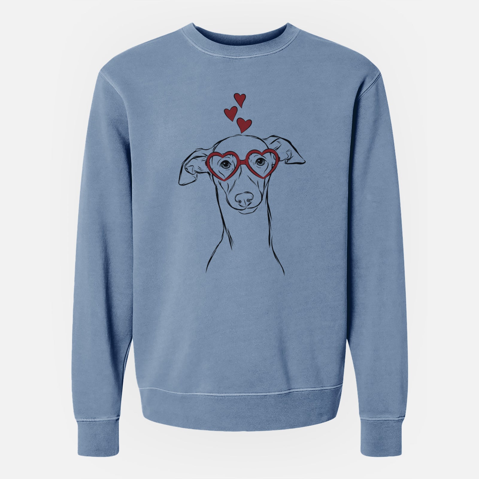 Hand-drawn sketch of Ziggie the Italian Greyhound wearing heart-shaped glasses on a Slate Blue Unisex pigment dyed crew sweatshirt