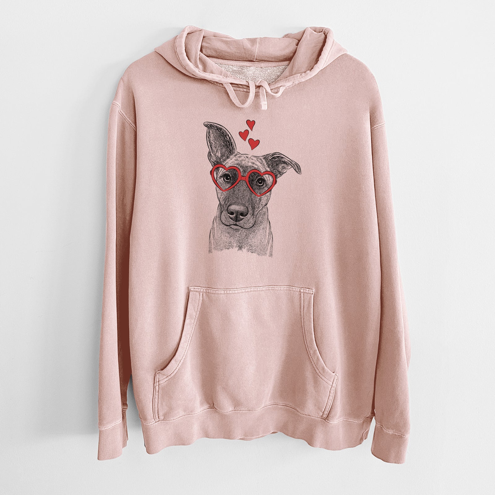 Hand-drawn sketch of Zoey the Mixed Breed wearing heart-shaped glasses on a Dusty Pink Unisex pigment dyed hoodie