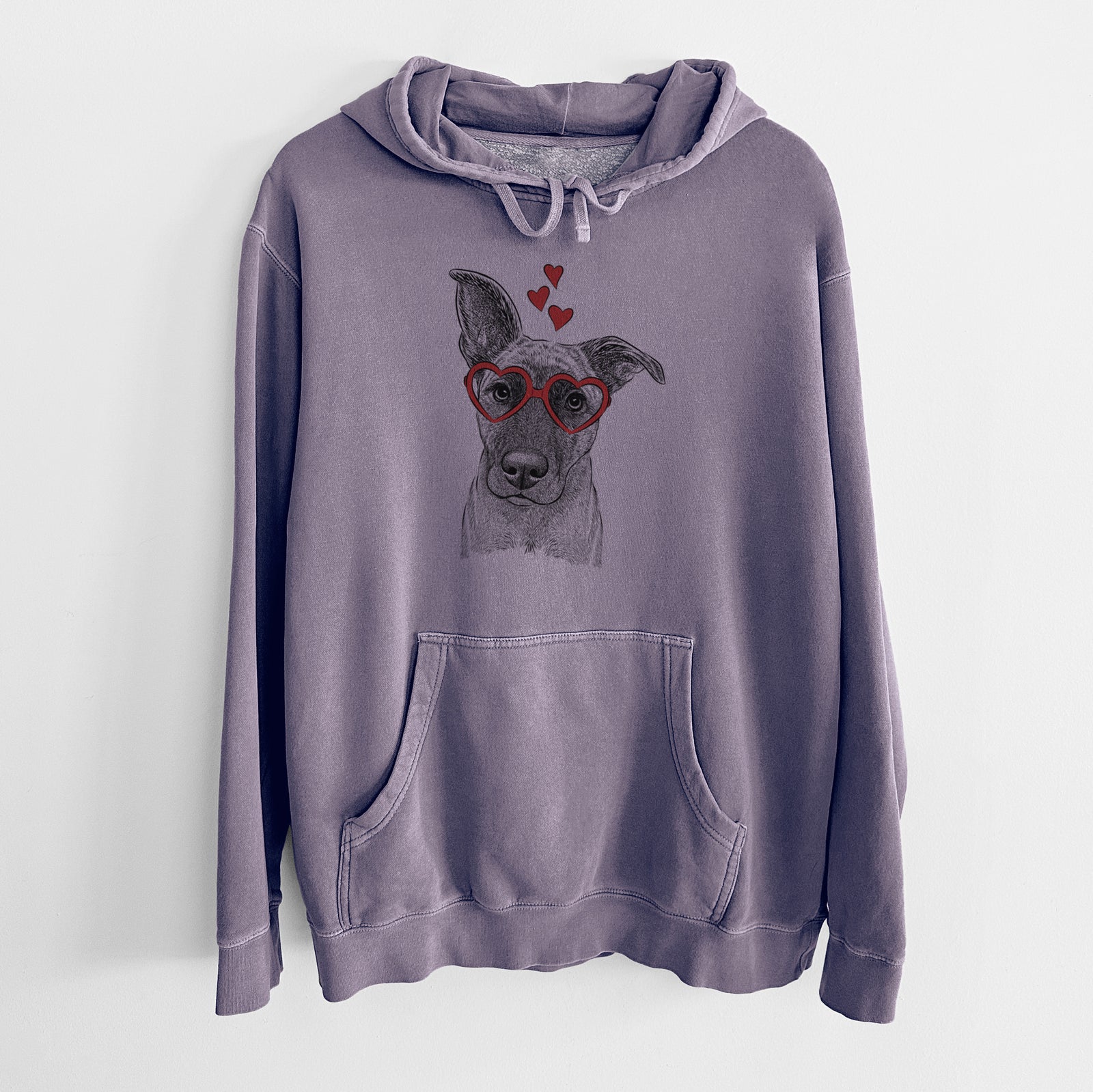 Hand-drawn sketch of Zoey the Mixed Breed wearing heart-shaped glasses on a Plum Unisex pigment dyed hoodie