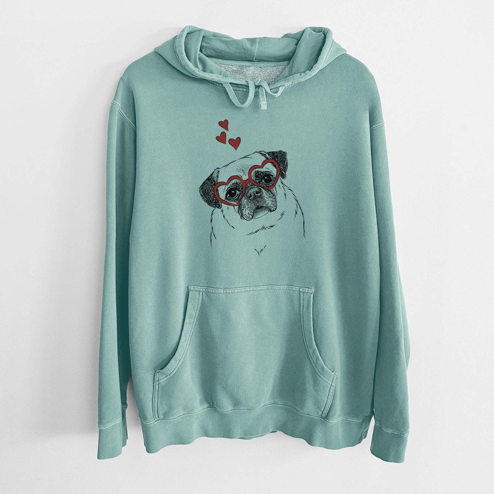 Hand-drawn sketch of Zoey the Pug wearing heart-shaped glasses on a Mint Unisex pigment dyed hoodie