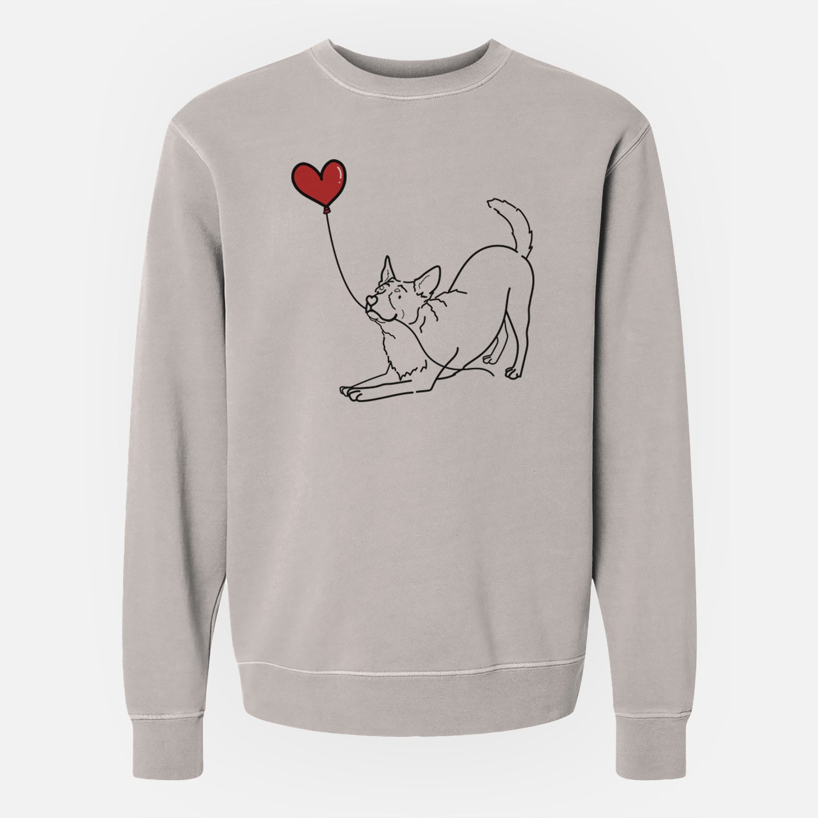 Minimalist line drawing of an Australian Cattle Dog Heart String holding a heart balloon on a Cement Unisex pigment dyed crew sweatshirt