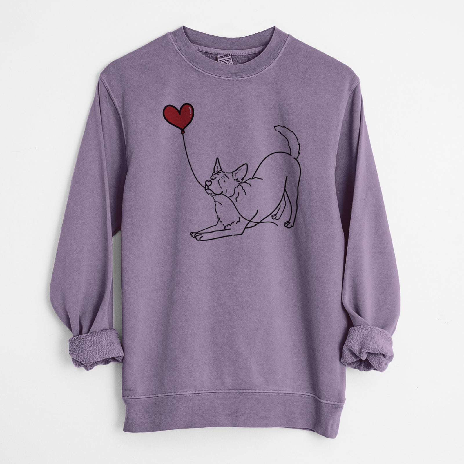 Minimalist line drawing of an Australian Cattle Dog Heart String holding a heart balloon on a Plum Unisex pigment dyed crew sweatshirt
