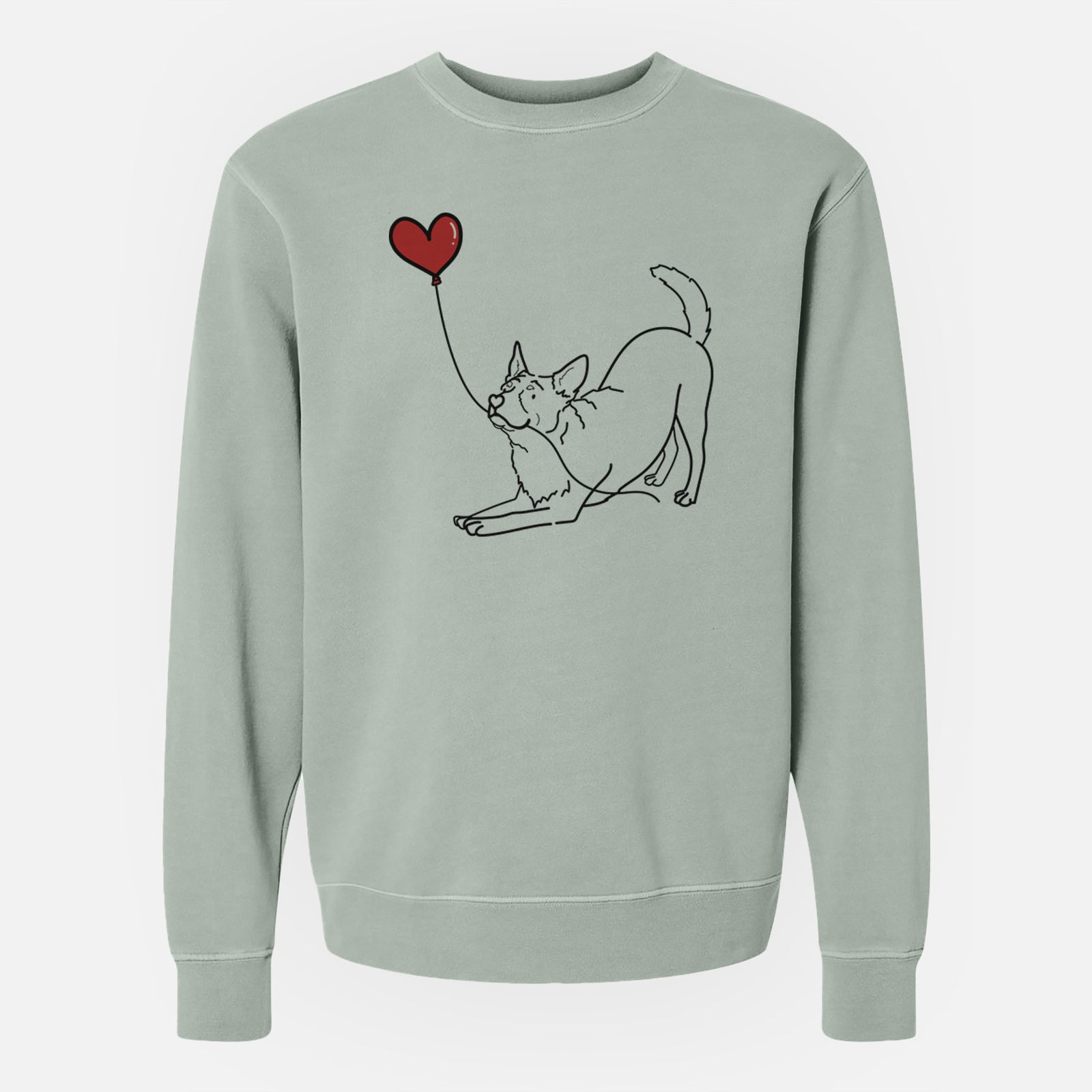 Minimalist line drawing of an Australian Cattle Dog Heart String holding a heart balloon on a Sage Unisex pigment dyed crew sweatshirt