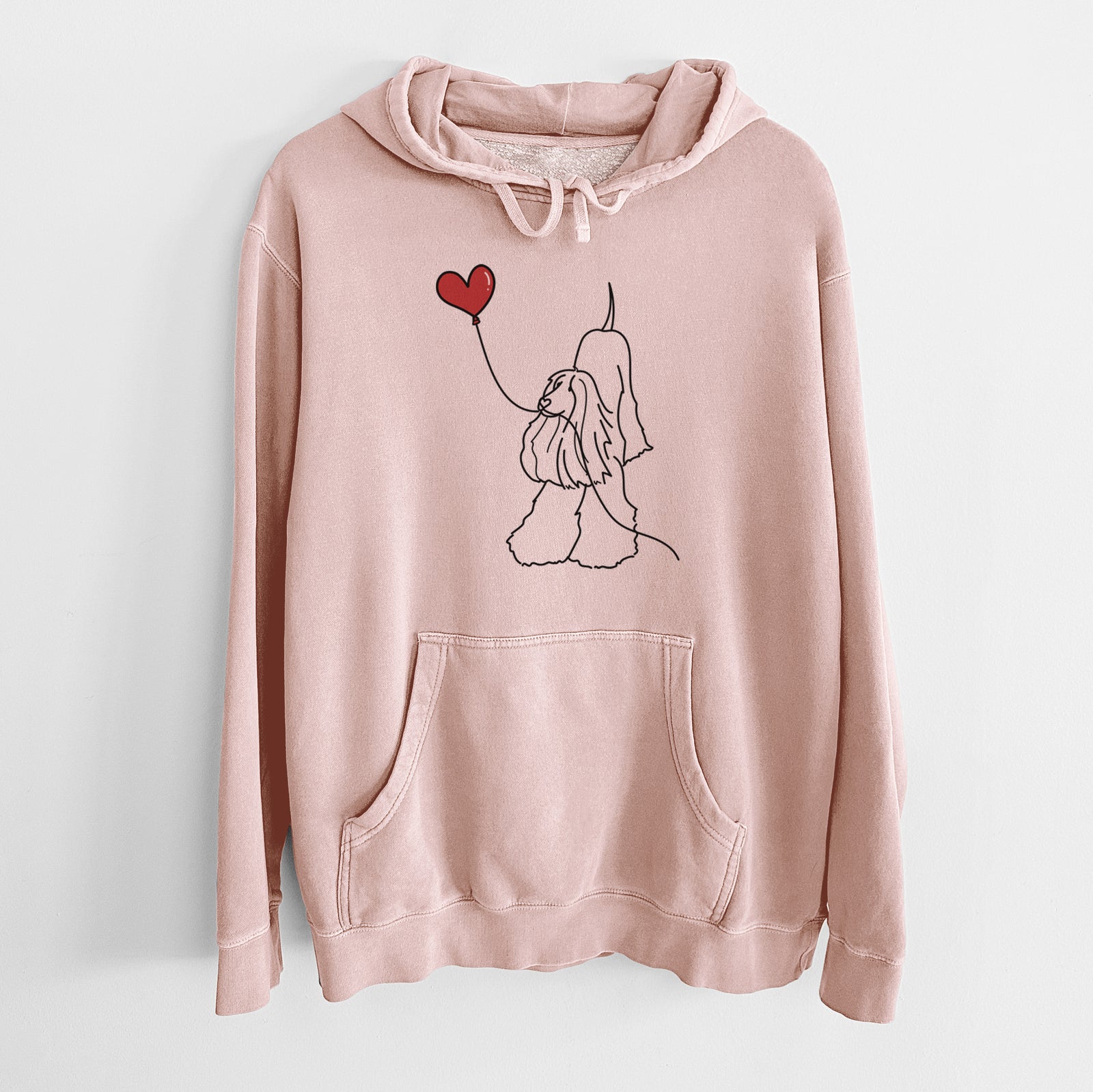 Minimalist line drawing of an Afghan Hound Heart String holding a heart balloon on a Dusty Pink Unisex pigment dyed hoodie