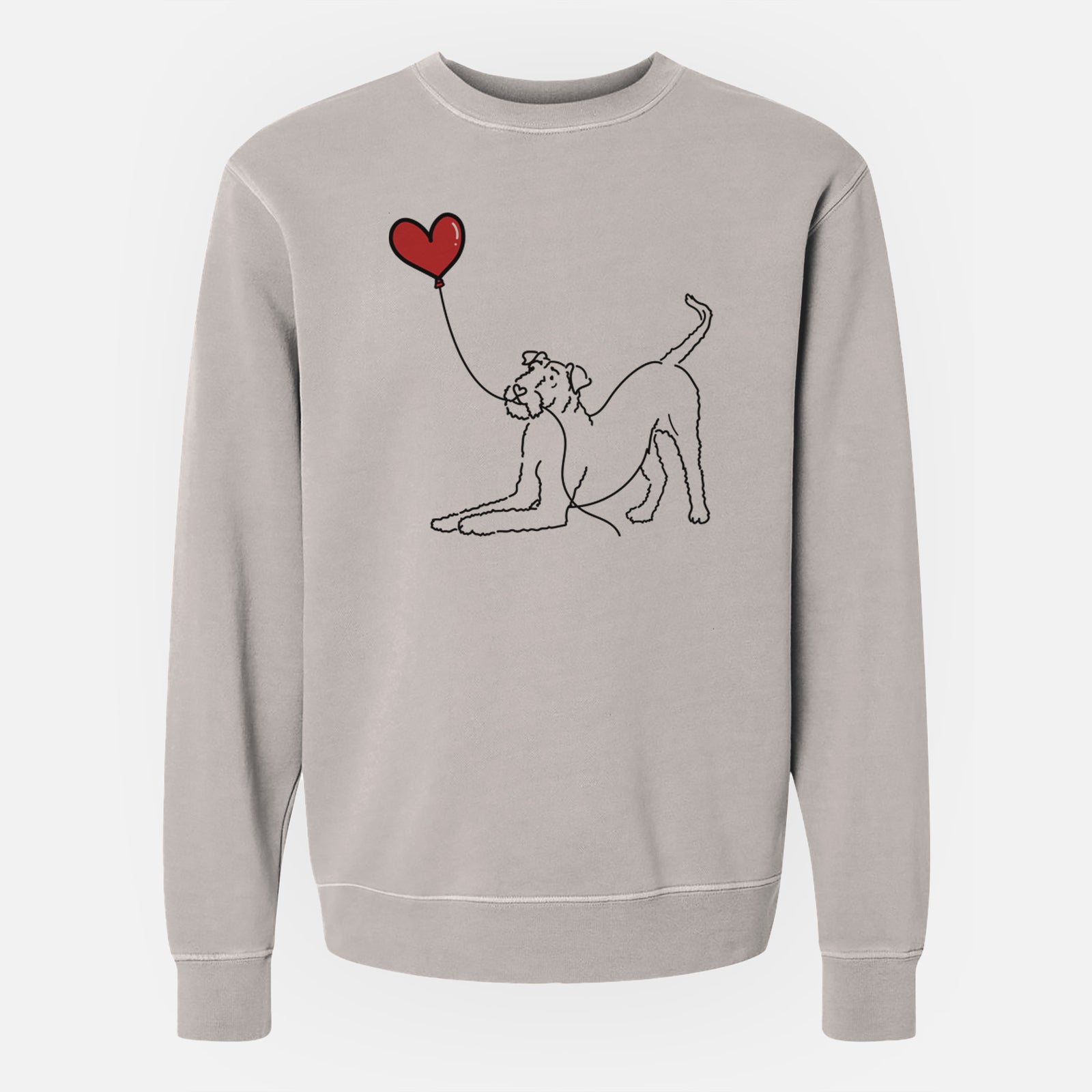 Minimalist line drawing of an Airedale Terrier Heart String holding a heart balloon on a Cement Unisex pigment dyed crew sweatshirt
