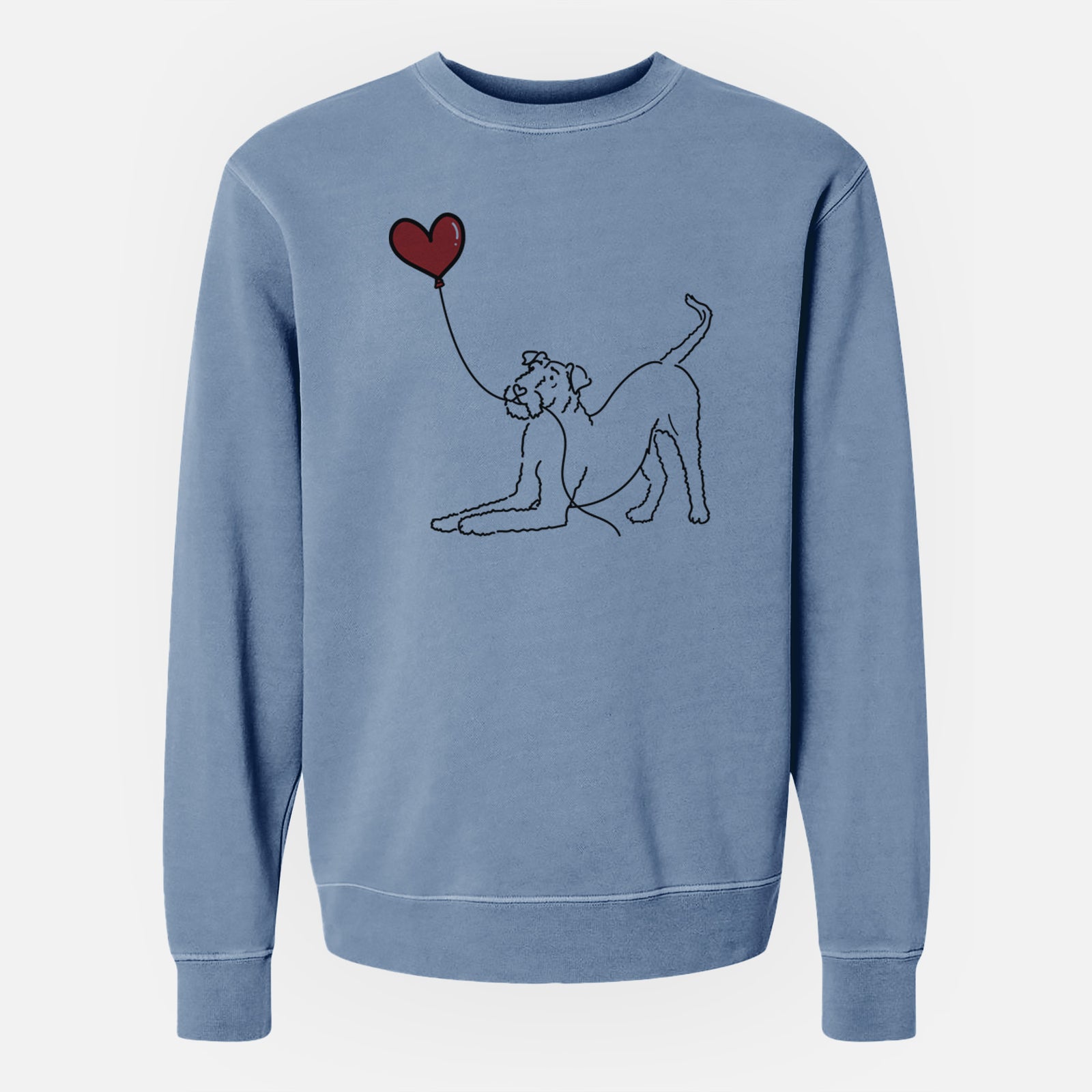 Minimalist line drawing of an Airedale Terrier Heart String holding a heart balloon on a Slate Blue Unisex pigment dyed crew sweatshirt