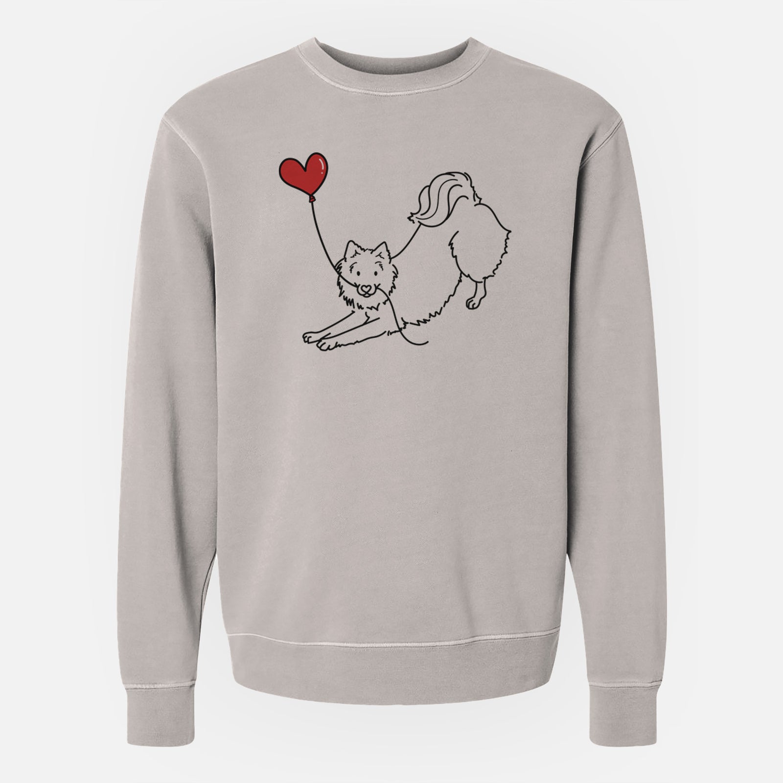 Minimalist line drawing of an American Eskimo Heart String holding a heart balloon on a Cement Unisex pigment dyed crew sweatshirt