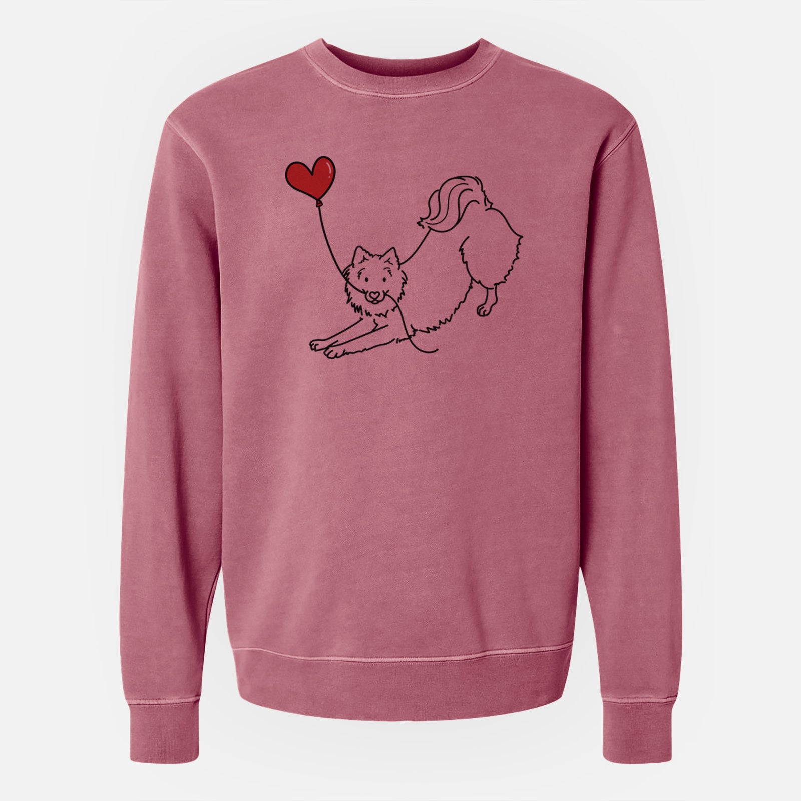 Minimalist line drawing of an American Eskimo Heart String holding a heart balloon on a Maroon Unisex pigment dyed crew sweatshirt