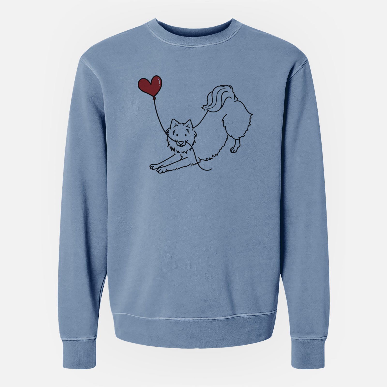 Minimalist line drawing of an American Eskimo Heart String holding a heart balloon on a Slate Blue Unisex pigment dyed crew sweatshirt