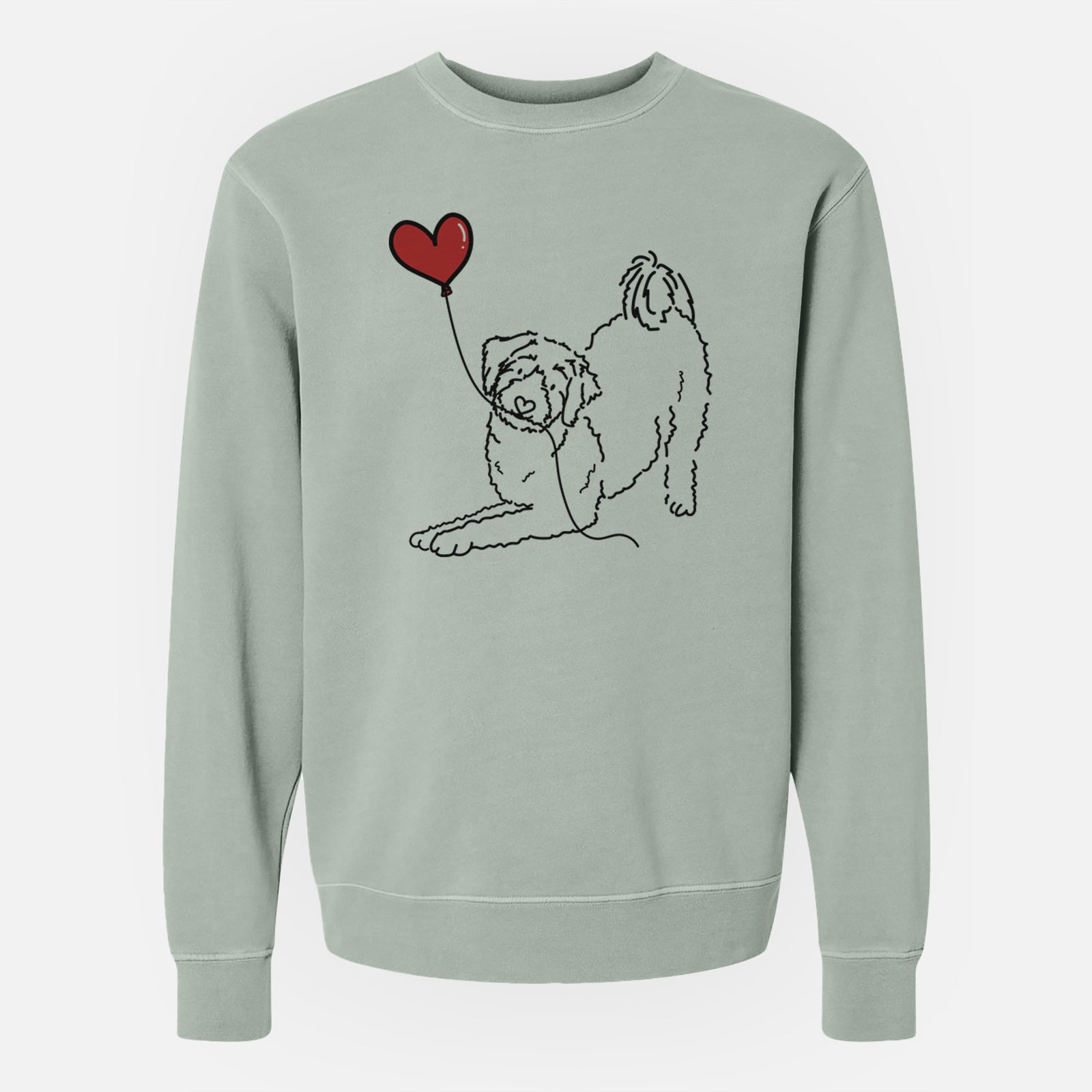 Minimalist line drawing of an Aussiedoodle Heart String holding a heart balloon on a Sage Unisex pigment dyed crew sweatshirt