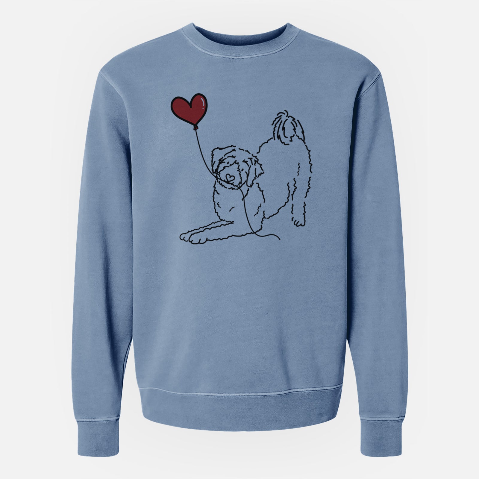 Minimalist line drawing of an Aussiedoodle Heart String holding a heart balloon on a Slate Blue Unisex pigment dyed crew sweatshirt