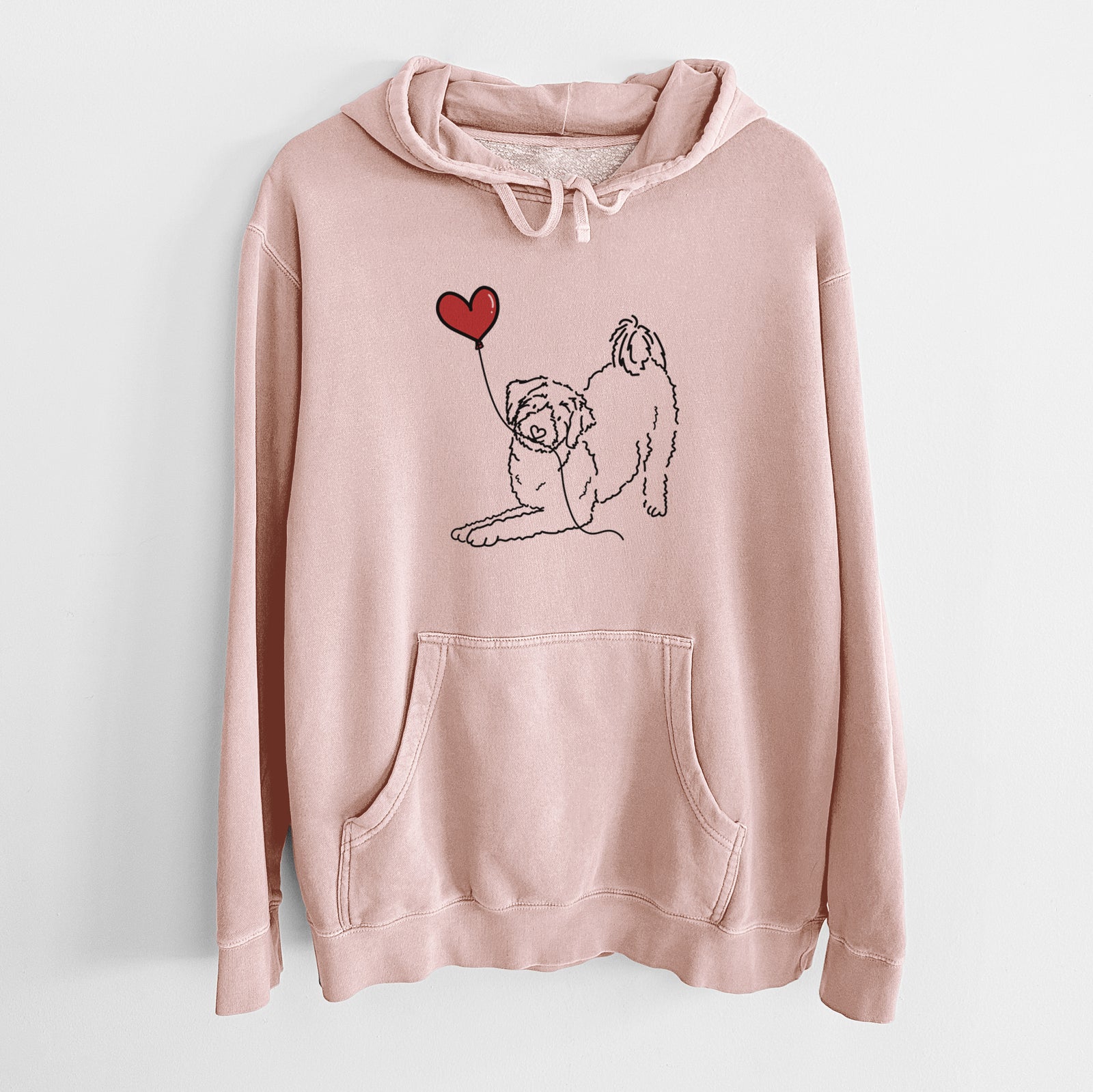 Minimalist line drawing of an Aussiedoodle Heart String holding a heart balloon on a Dusty Pink Unisex pigment dyed hoodie