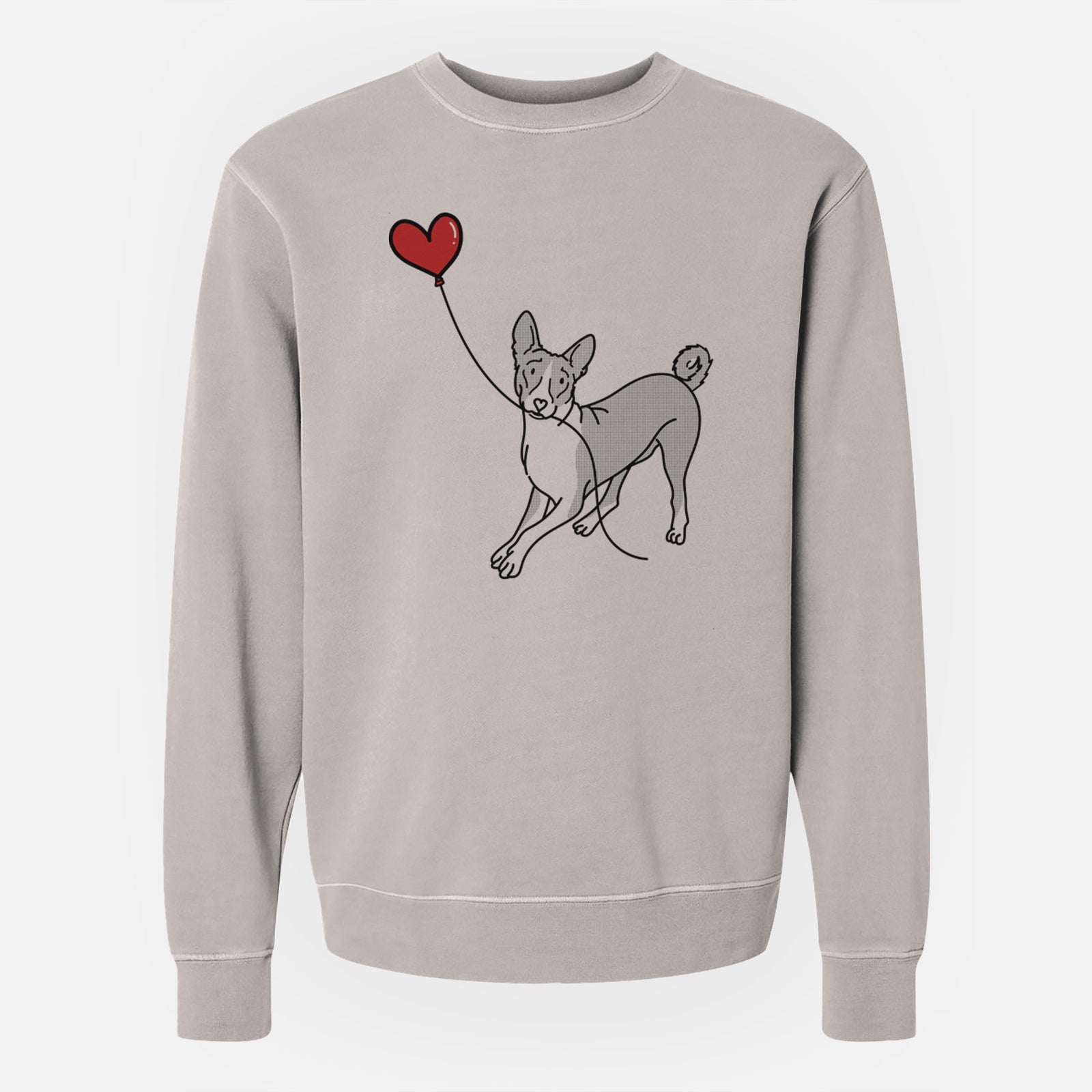 Minimalist line drawing of a Basenji Heart String holding a heart balloon on a Cement Unisex pigment dyed crew sweatshirt