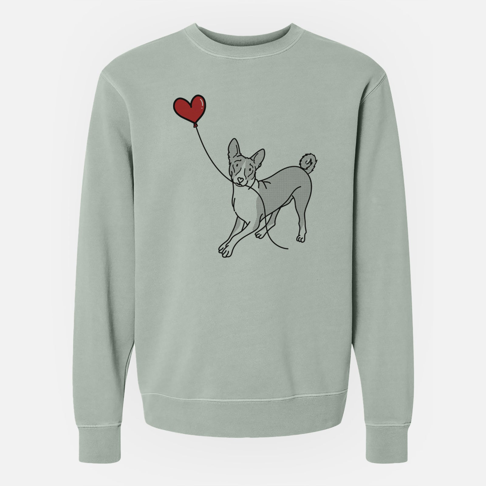 Minimalist line drawing of a Basenji Heart String holding a heart balloon on a Sage Unisex pigment dyed crew sweatshirt