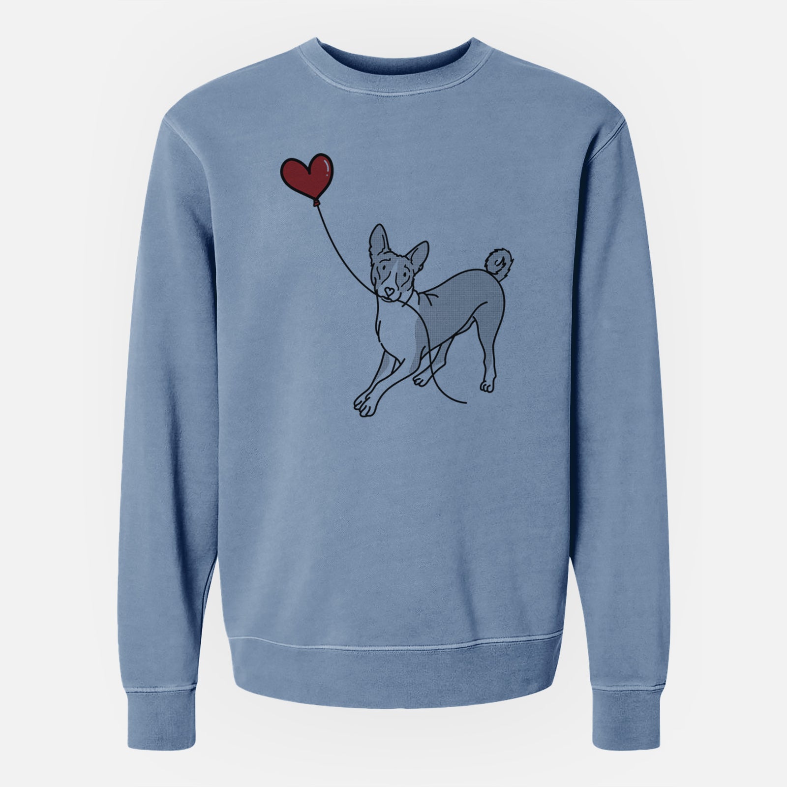 Minimalist line drawing of a Basenji Heart String holding a heart balloon on a Slate Blue Unisex pigment dyed crew sweatshirt