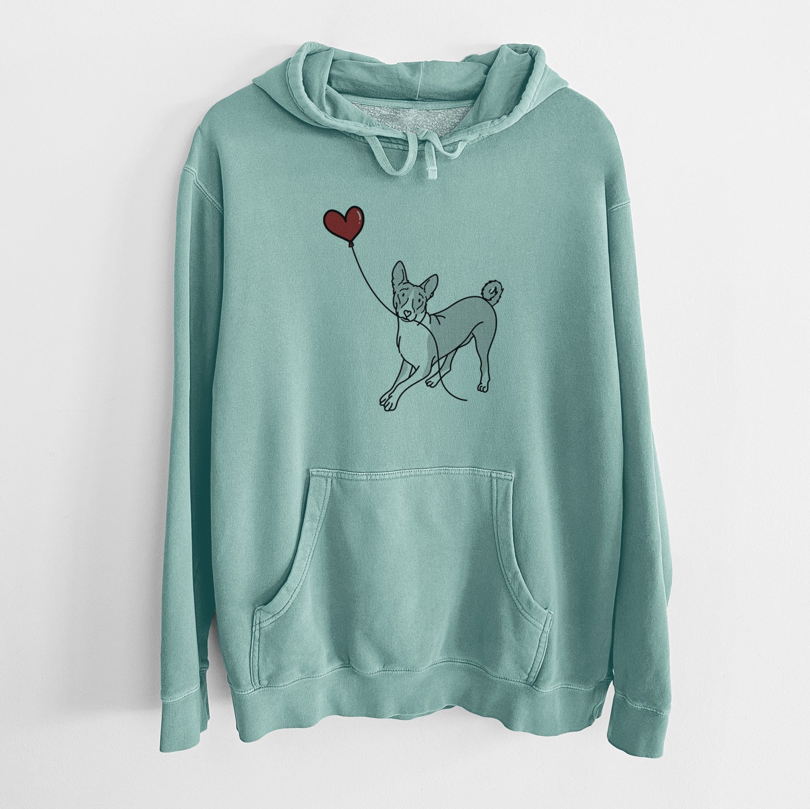 Minimalist line drawing of a Basenji Heart String holding a heart balloon on a Mint Unisex pigment dyed hoodie