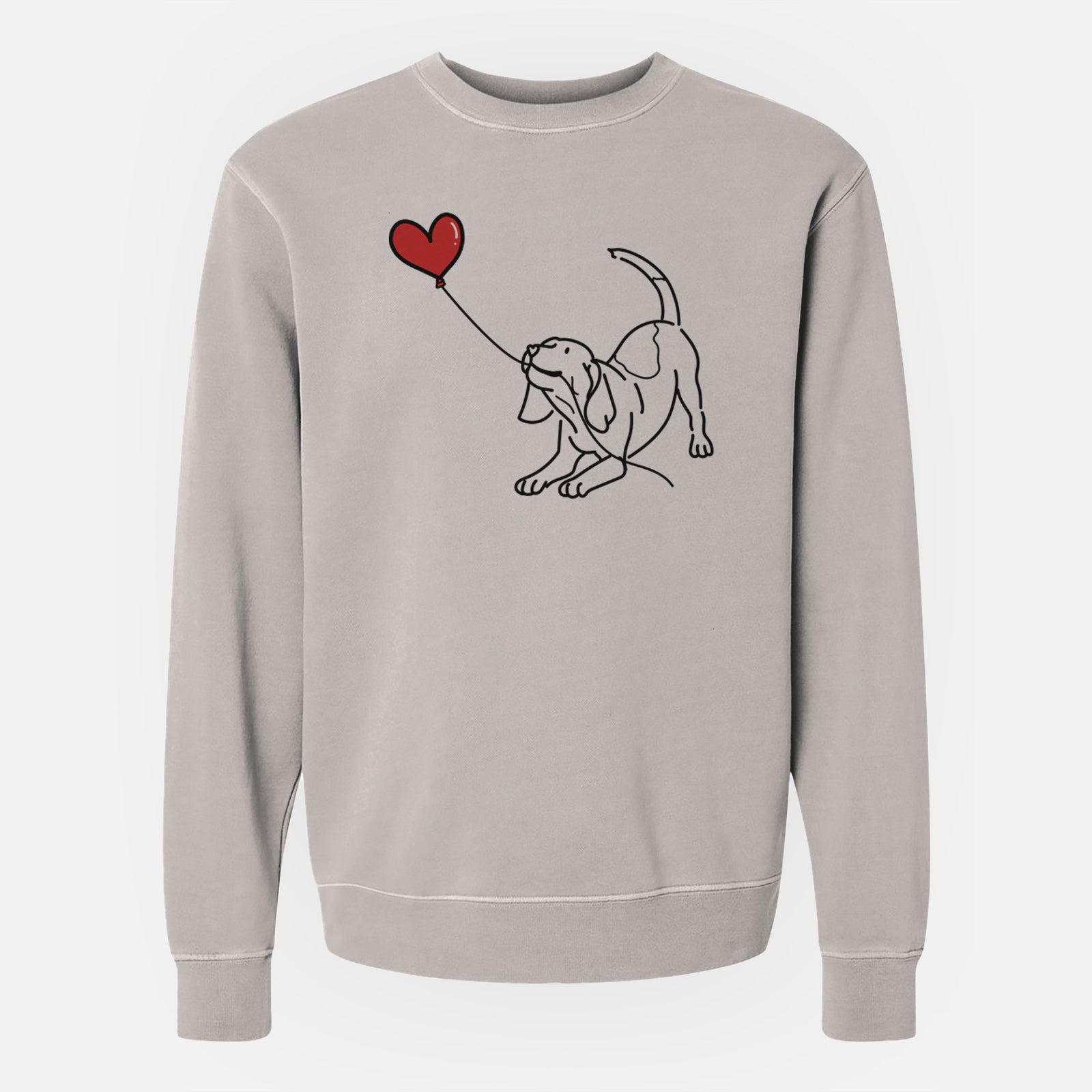 Minimalist line drawing of a Beagle Heart String holding a heart balloon on a Cement Unisex pigment dyed crew sweatshirt