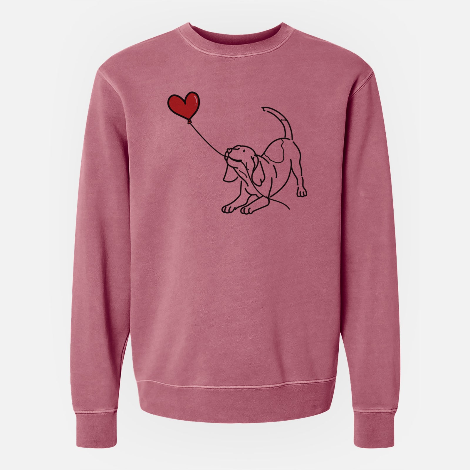 Minimalist line drawing of a Beagle Heart String holding a heart balloon on a Maroon Unisex pigment dyed crew sweatshirt