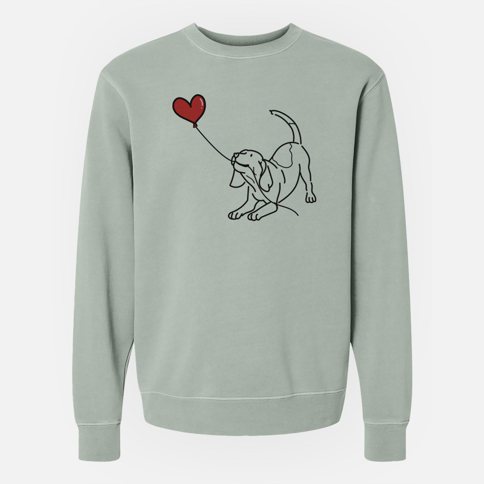 Minimalist line drawing of a Beagle Heart String holding a heart balloon on a Sage Unisex pigment dyed crew sweatshirt