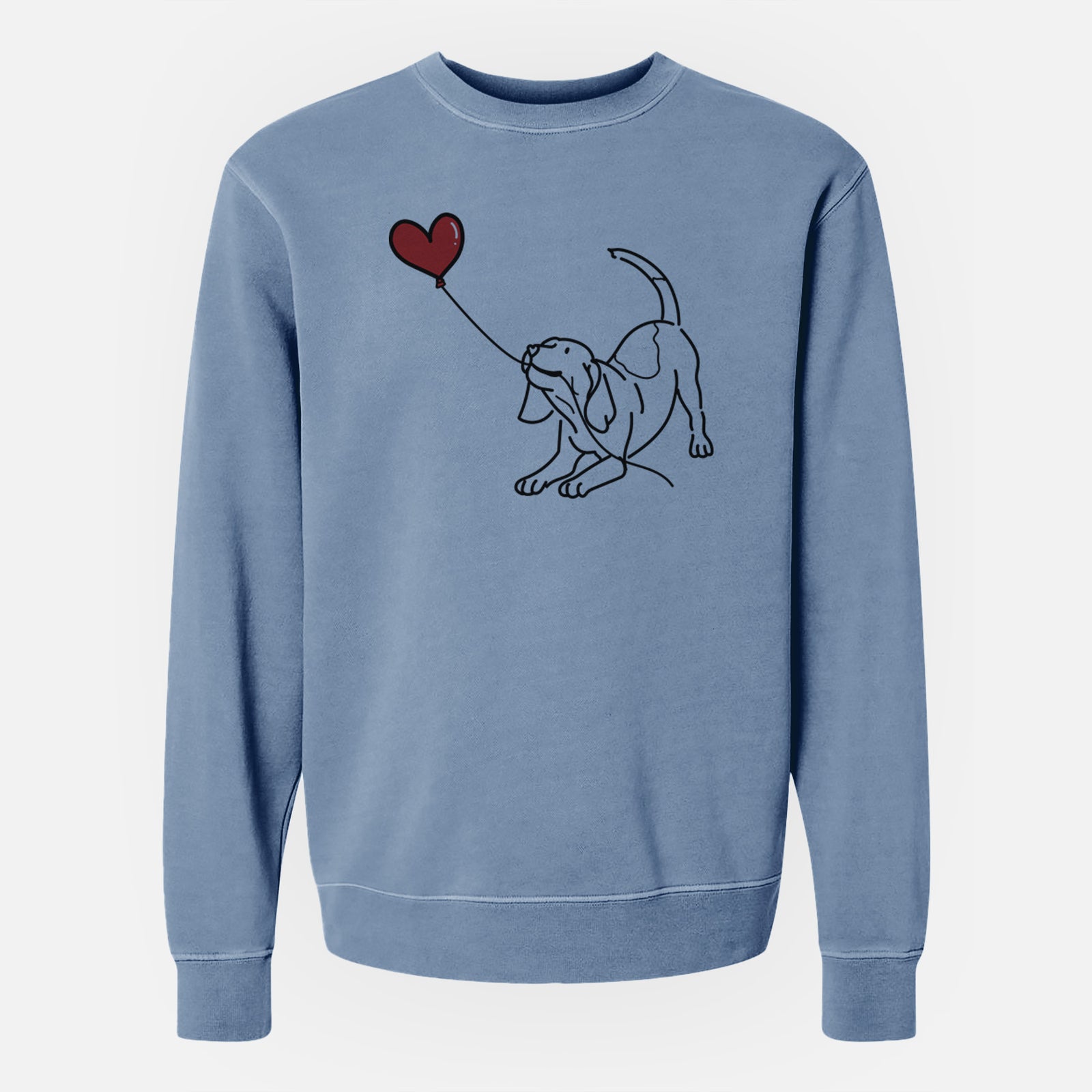 Minimalist line drawing of a Beagle Heart String holding a heart balloon on a Slate Blue Unisex pigment dyed crew sweatshirt