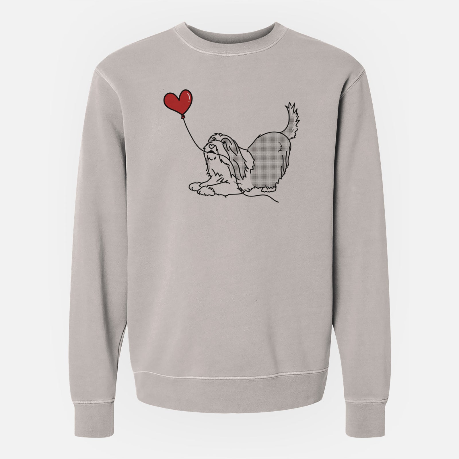 Minimalist line drawing of a Bearded Collie Heart String holding a heart balloon on a Cement Unisex pigment dyed crew sweatshirt