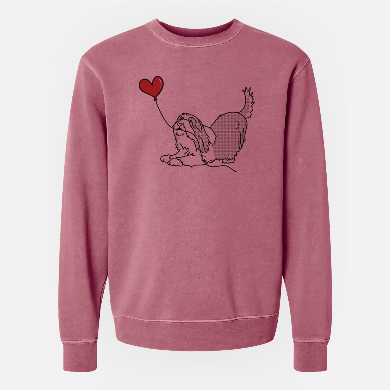 Minimalist line drawing of a Bearded Collie Heart String holding a heart balloon on a Maroon Unisex pigment dyed crew sweatshirt