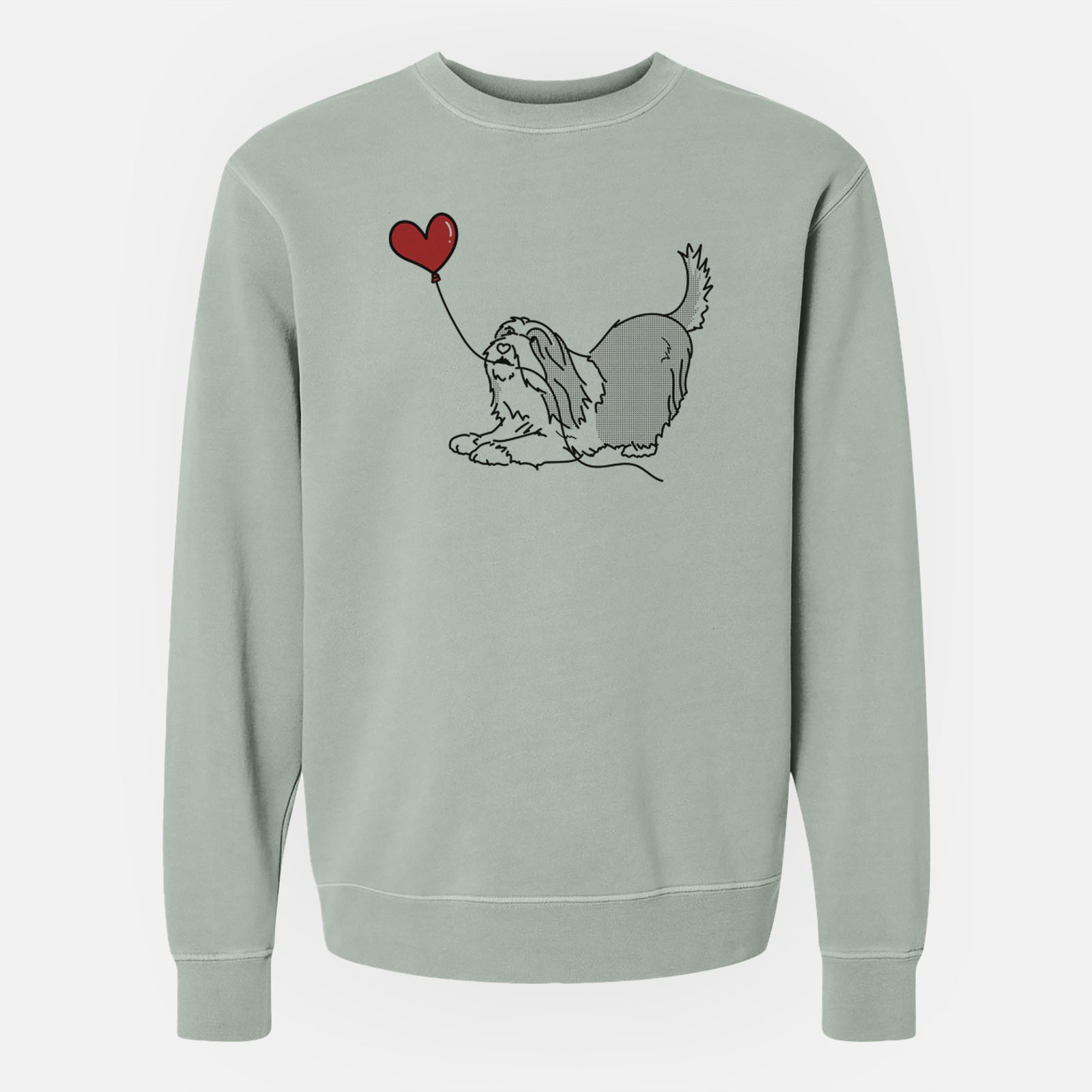 Minimalist line drawing of a Bearded Collie Heart String holding a heart balloon on a Sage Unisex pigment dyed crew sweatshirt
