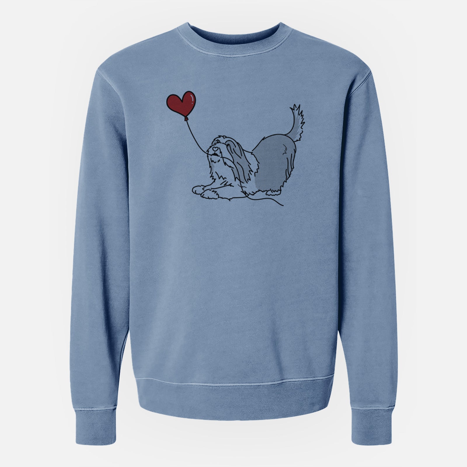 Minimalist line drawing of a Bearded Collie Heart String holding a heart balloon on a Slate Blue Unisex pigment dyed crew sweatshirt
