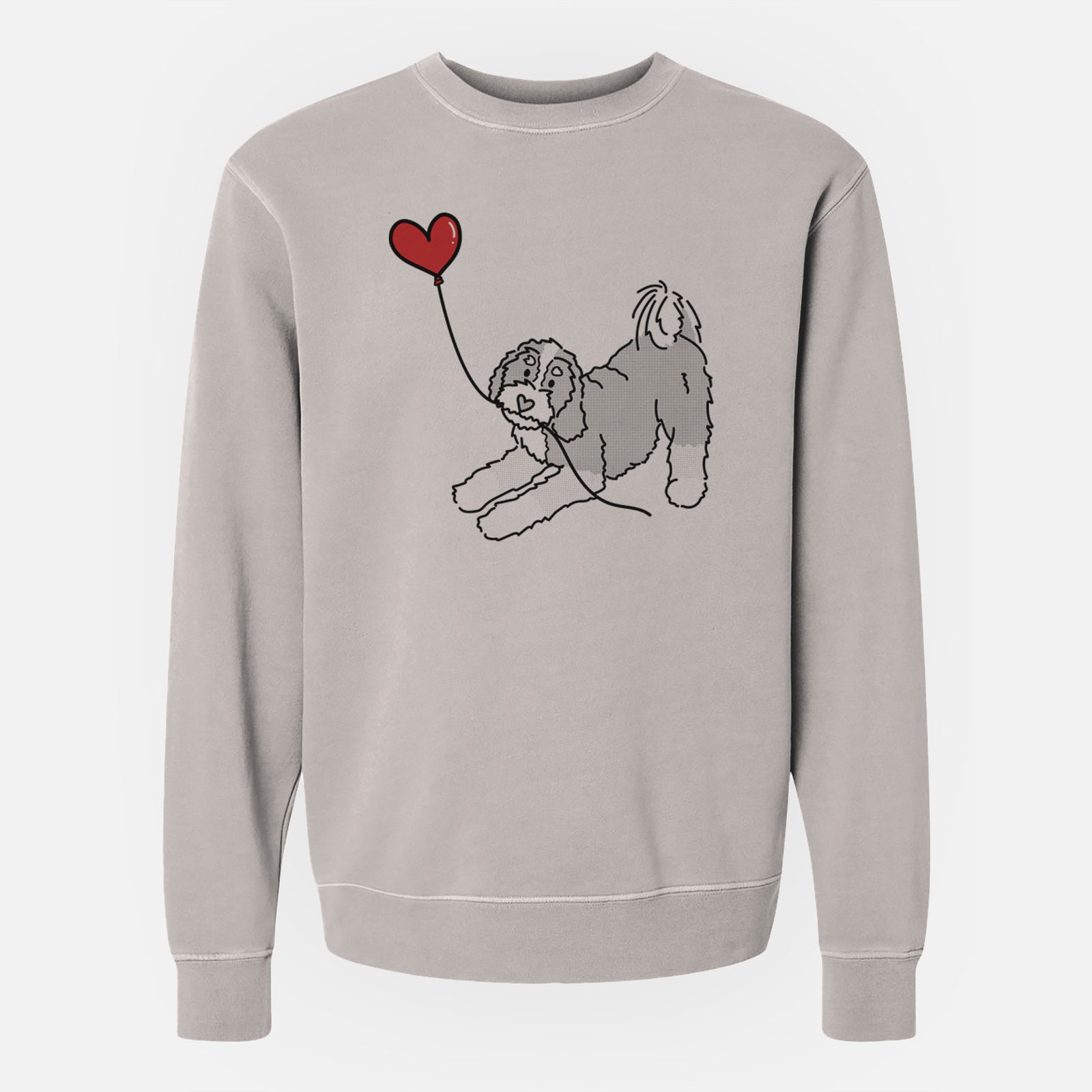 Minimalist line drawing of a Bernedoodle Heart String holding a heart balloon on a Cement Unisex pigment dyed crew sweatshirt