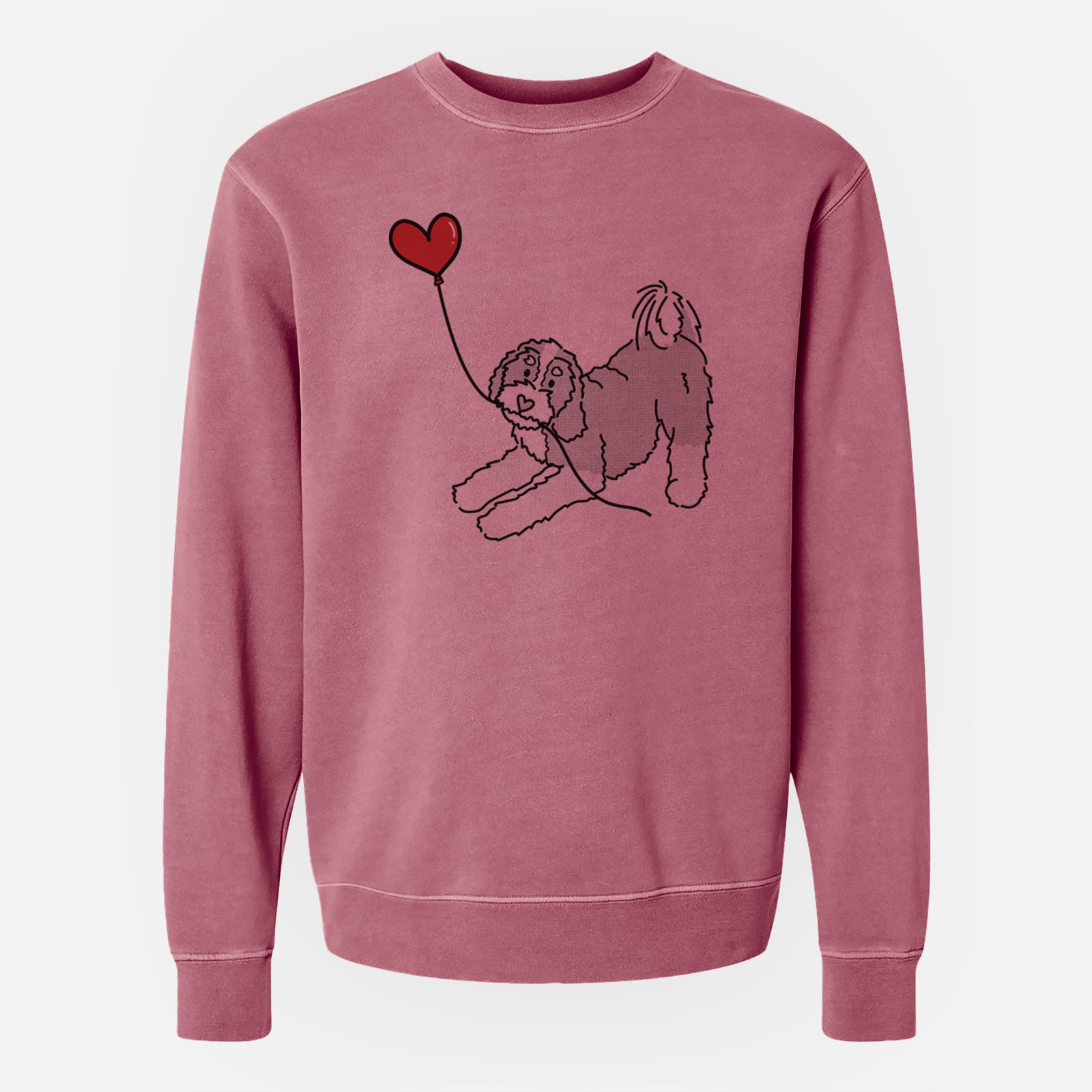 Minimalist line drawing of a Bernedoodle Heart String holding a heart balloon on a Maroon Unisex pigment dyed crew sweatshirt