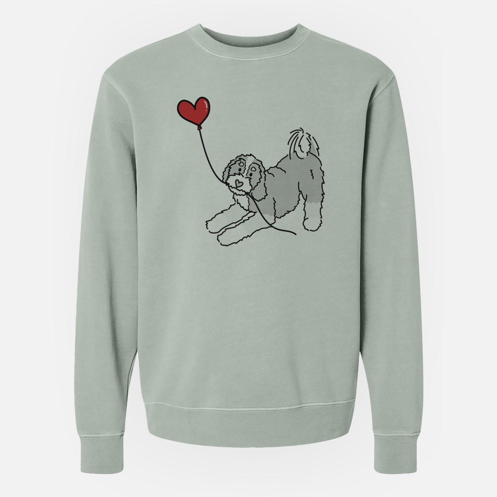 Minimalist line drawing of a Bernedoodle Heart String holding a heart balloon on a Sage Unisex pigment dyed crew sweatshirt