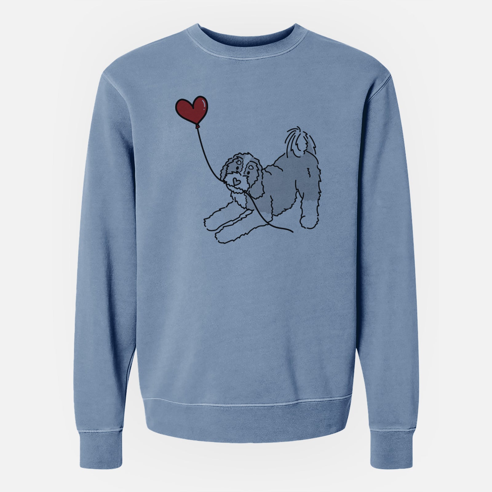 Minimalist line drawing of a Bernedoodle Heart String holding a heart balloon on a Slate Blue Unisex pigment dyed crew sweatshirt