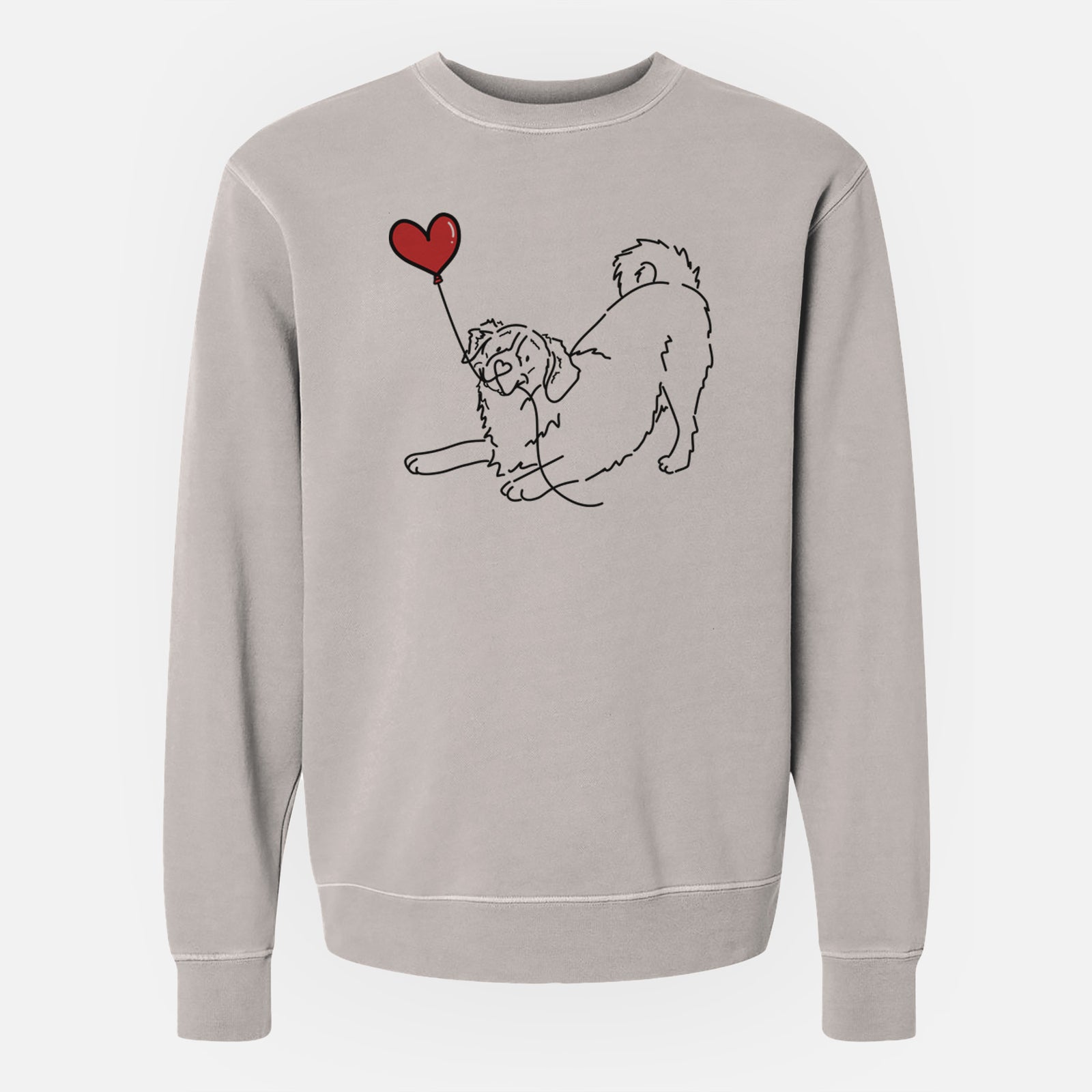 Minimalist line drawing of a Bernese Mountain Dog Heart String holding a heart balloon on a Cement Unisex pigment dyed crew sweatshirt