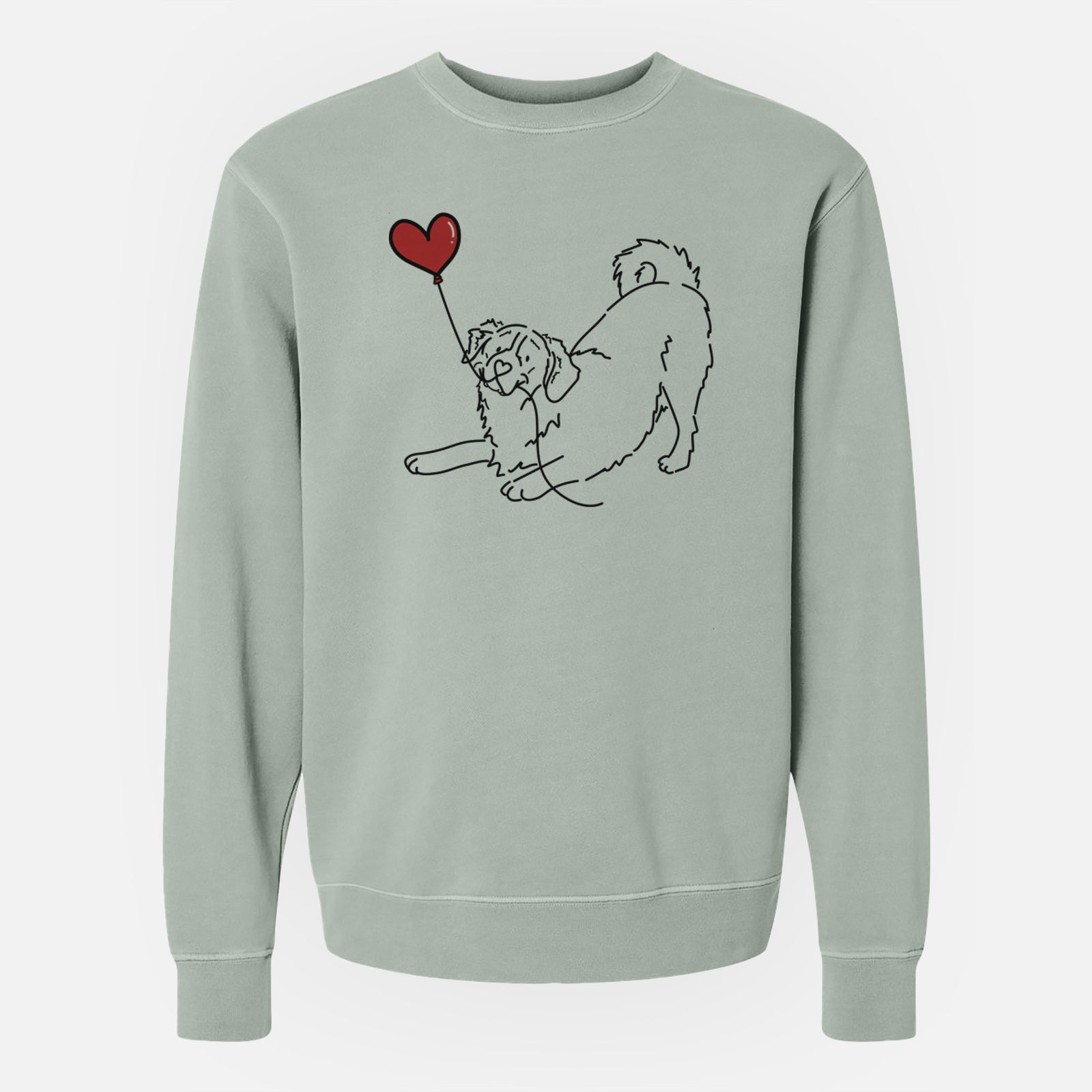Minimalist line drawing of a Bernese Mountain Dog Heart String holding a heart balloon on a Sage Unisex pigment dyed crew sweatshirt