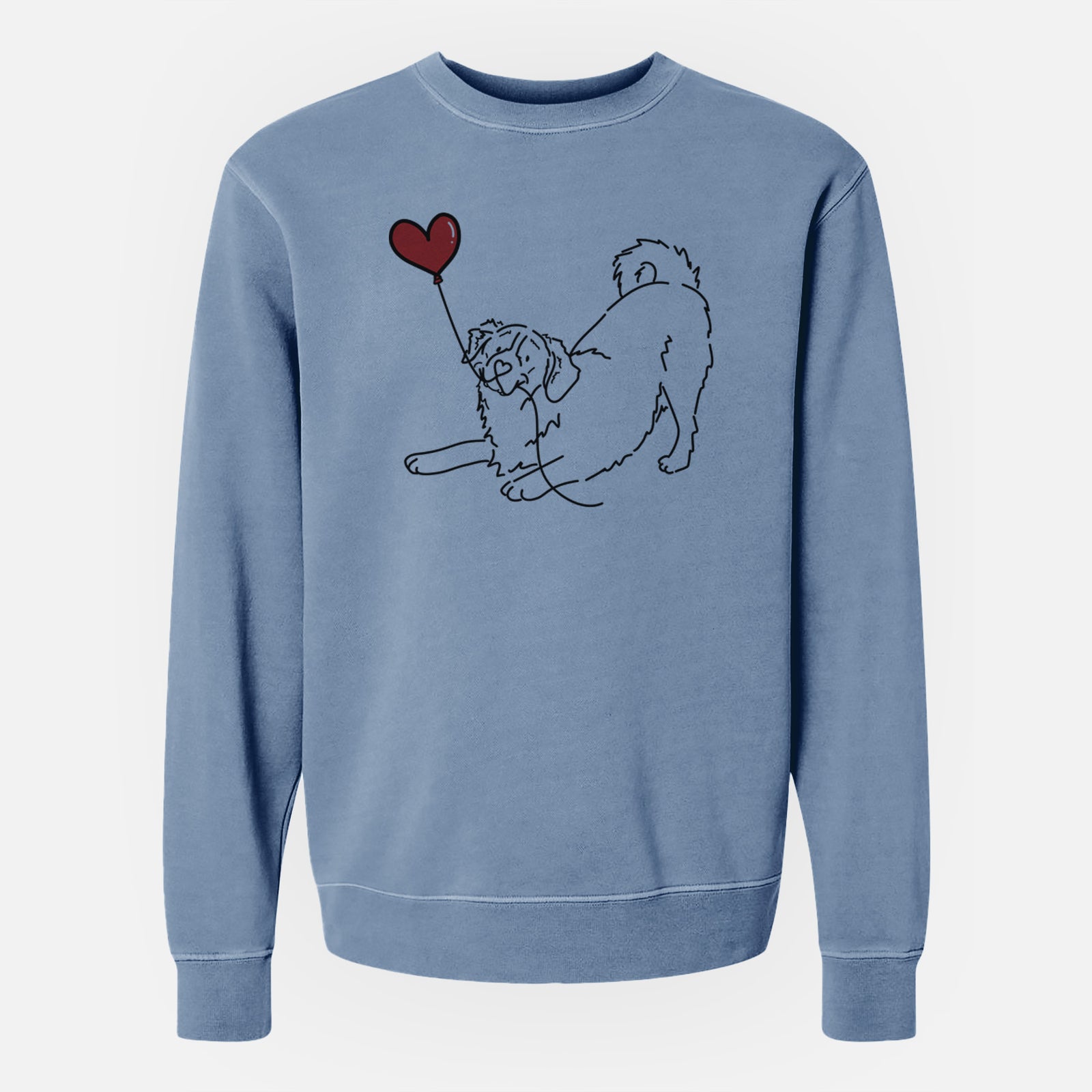Minimalist line drawing of a Bernese Mountain Dog Heart String holding a heart balloon on a Slate Blue Unisex pigment dyed crew sweatshirt