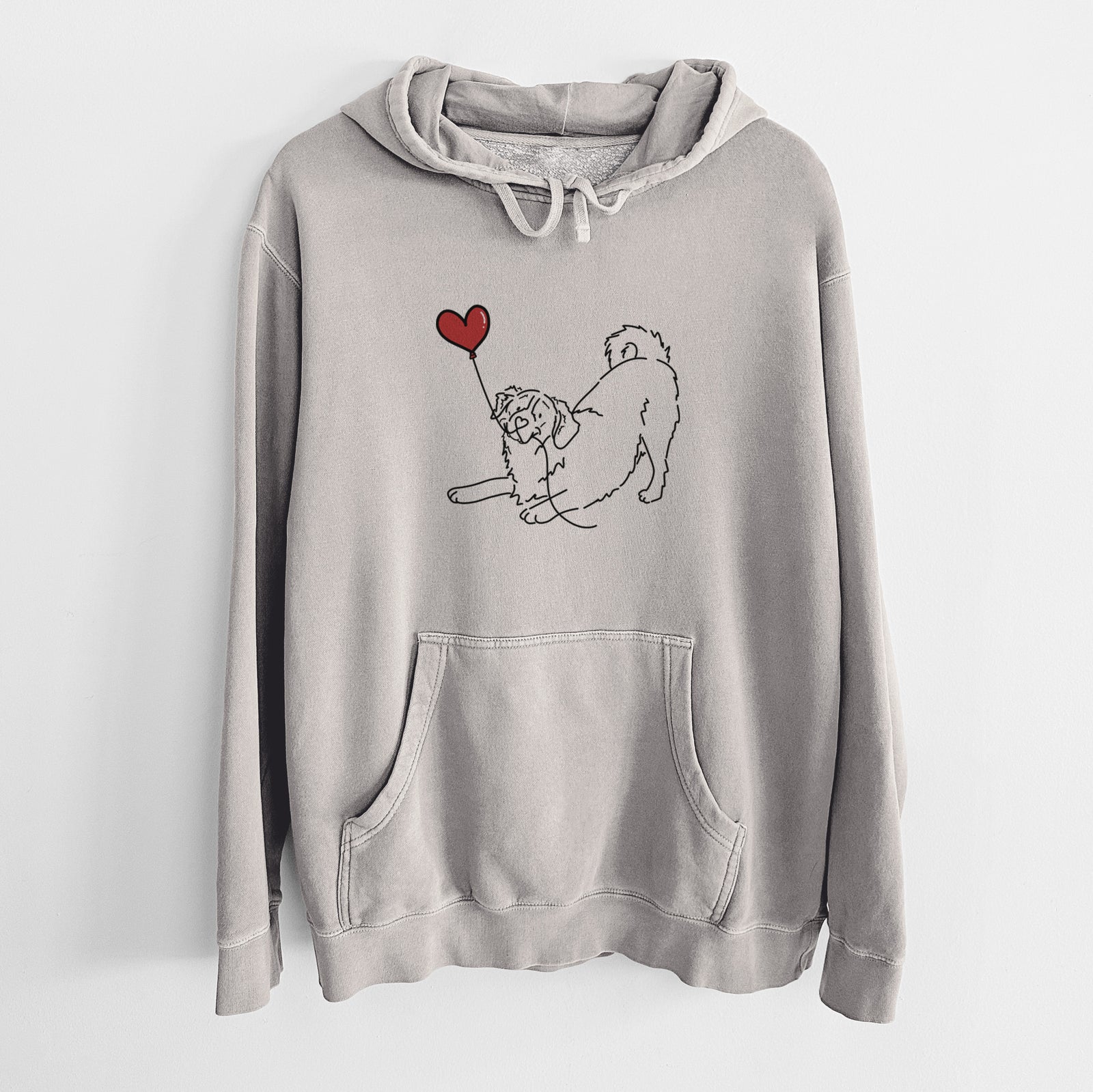 Minimalist line drawing of a Bernese Mountain Dog Heart String holding a heart balloon on a Cement Unisex pigment dyed hoodie