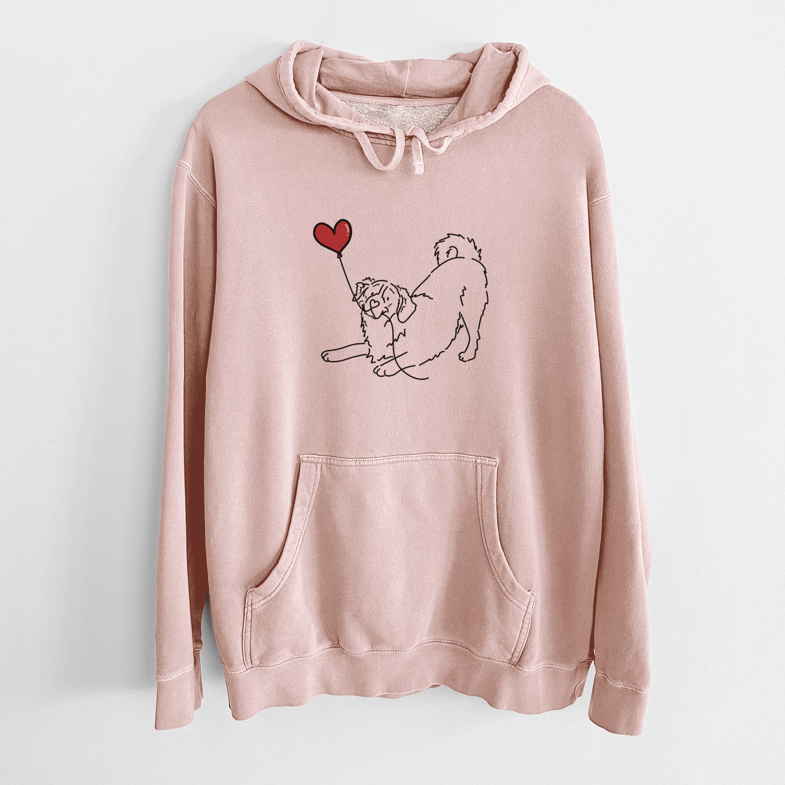 Minimalist line drawing of a Bernese Mountain Dog Heart String holding a heart balloon on a Dusty Pink Unisex pigment dyed hoodie