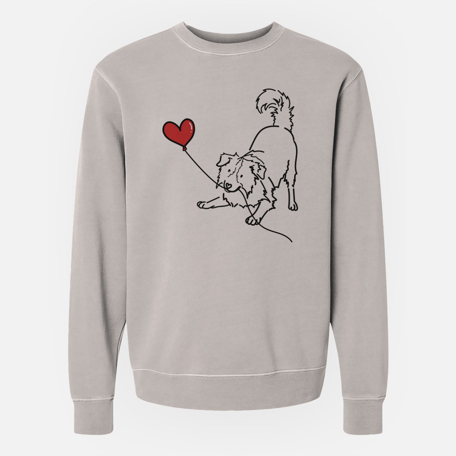 Minimalist line drawing of a Border Collie Heart String holding a heart balloon on a Cement Unisex pigment dyed crew sweatshirt